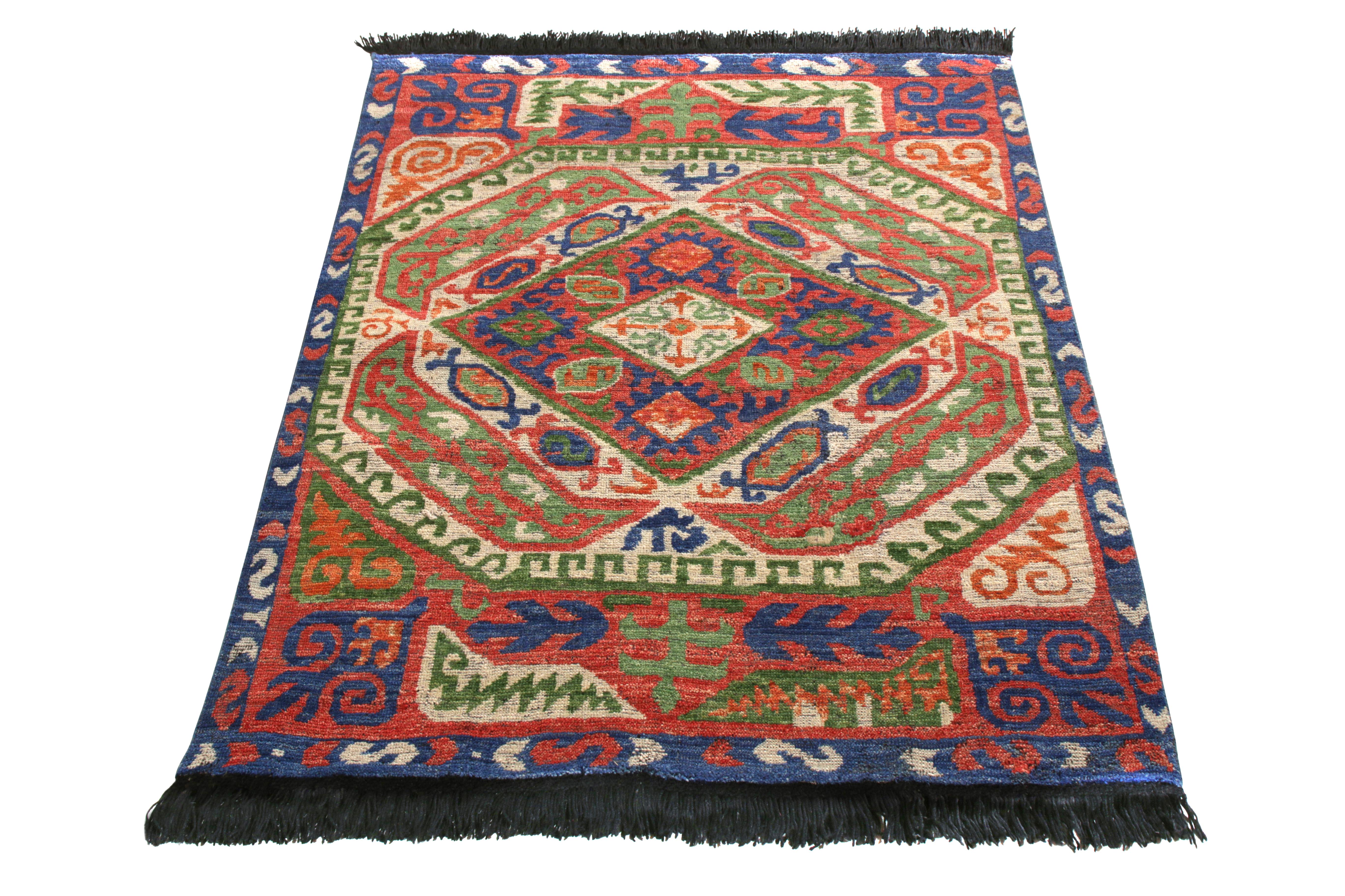 A 4x5 rug inspired by 18th century textiles of renown, from Rug & Kilim’s Burano Collection. Hand knotted in notable soft Ghazni wool, employing the most vibrant red, blue, and green atop white hues in this eclectic geometry. Enjoying a captivating