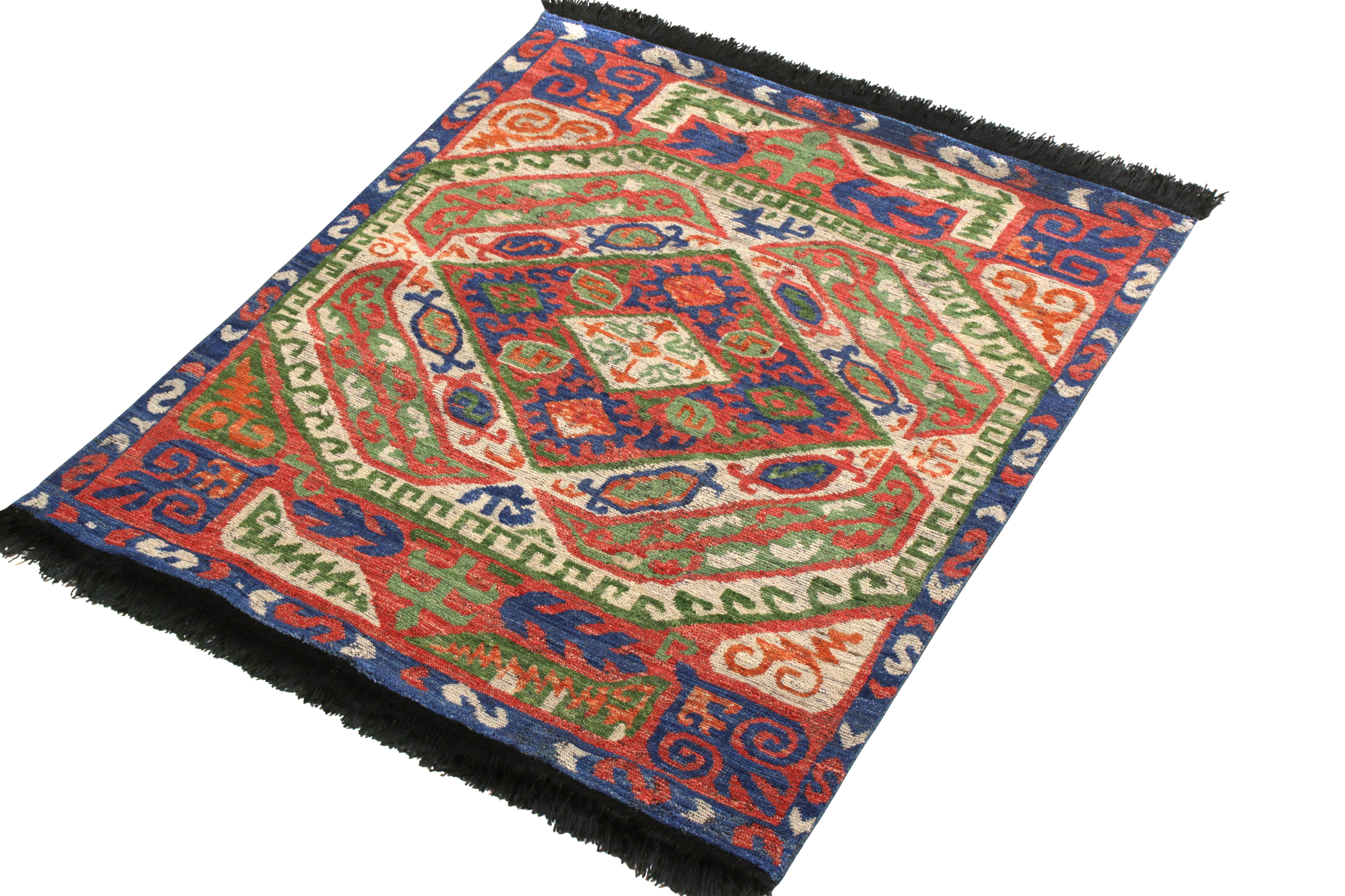 Indian Rug & Kilim’s Tribal Style Rug in Red and Blue Geometric Pattern For Sale