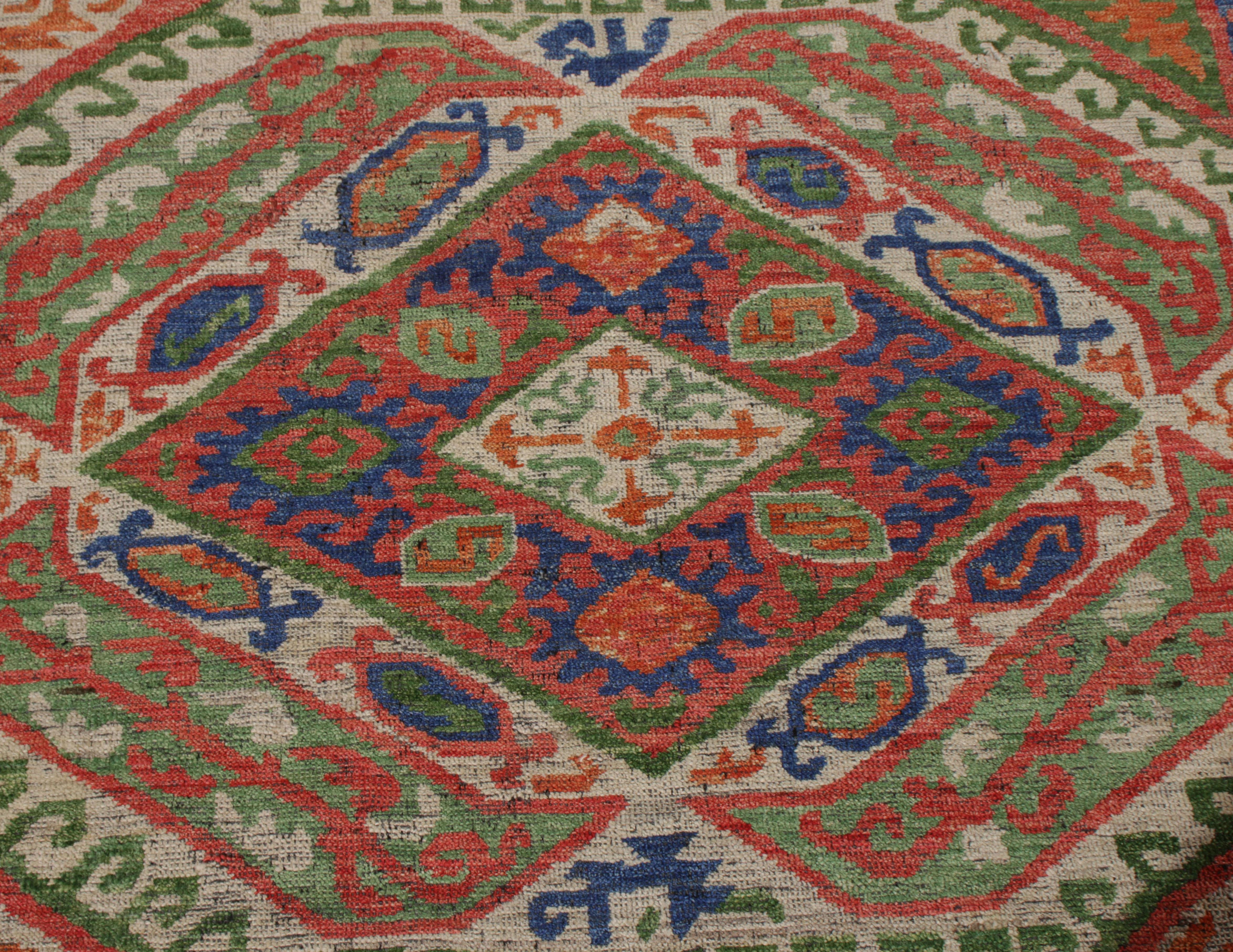 Hand-Knotted Rug & Kilim’s Tribal Style Rug in Red and Blue Geometric Pattern For Sale