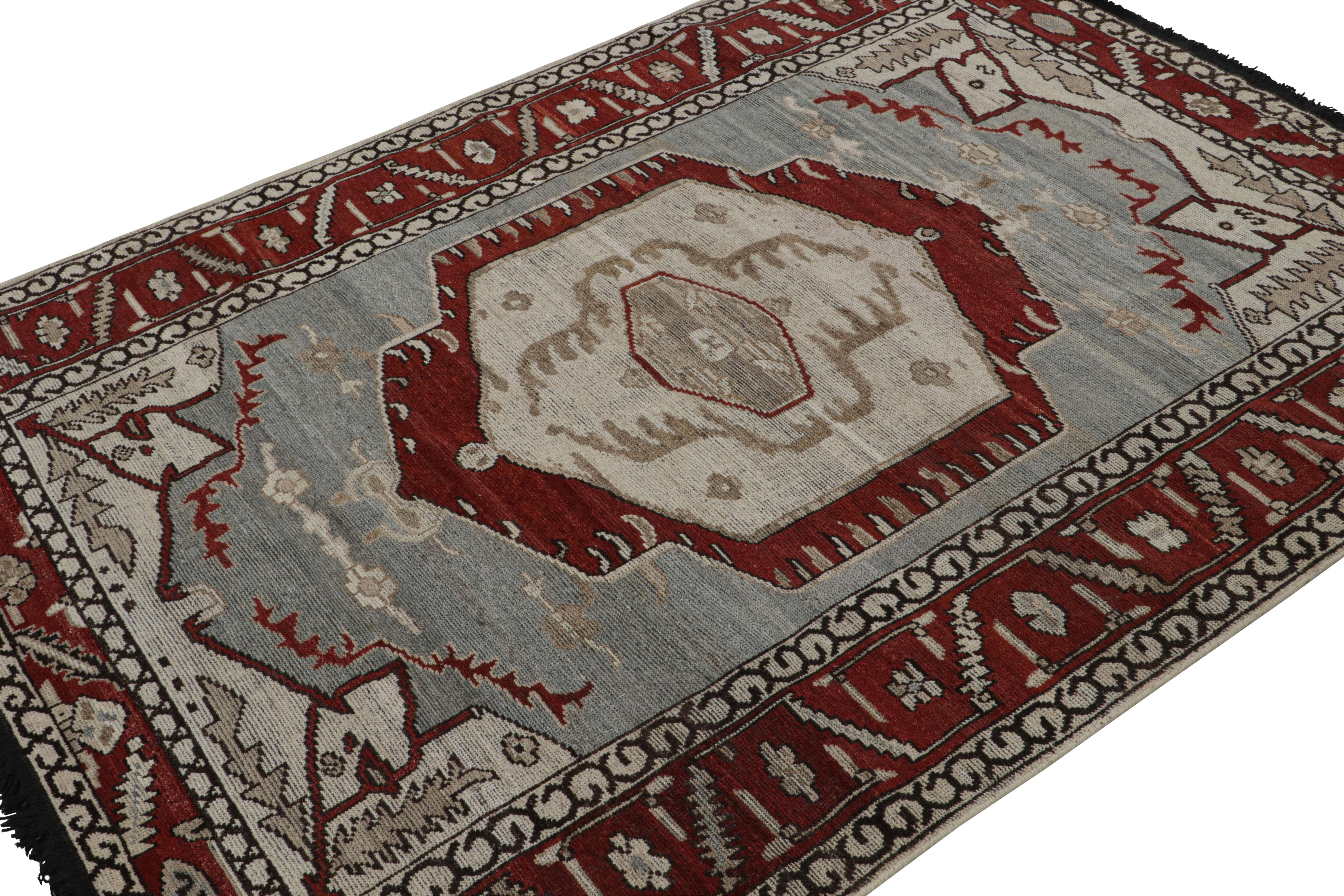 Hailing from Rug & Kilim’s Burano collection, this is a 5x7 piece inspired by antique Oriental rugs, particularly tribal rugs of Kuba and Persian Kazak provenance. Handknotted in Ghazni wool.

On the Design: 

In this piece, blue, burgundy and taupe