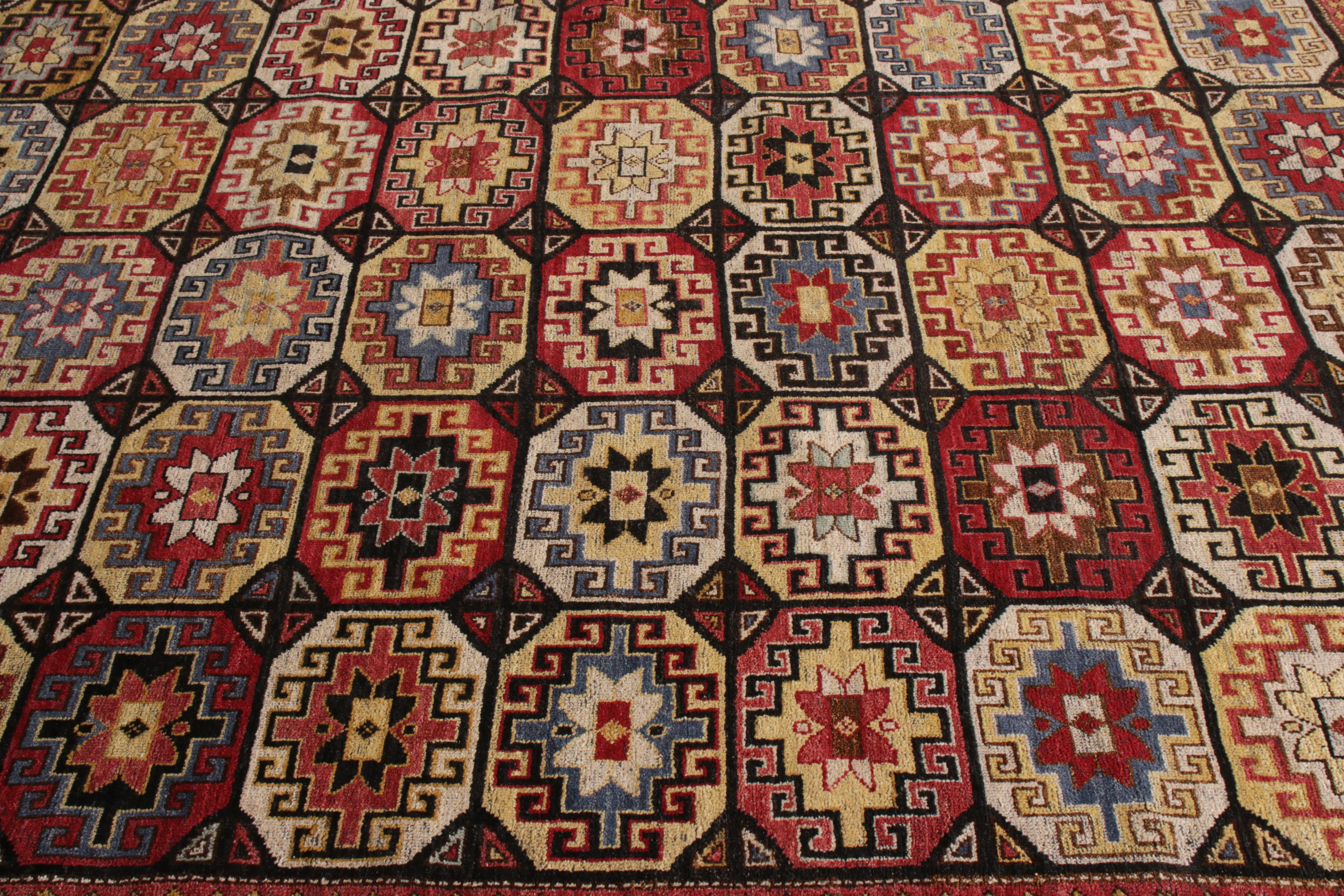 Hand-Knotted Rug & Kilim’s Tribal Style Rug in Red and Gold All Over Geometric Pattern For Sale