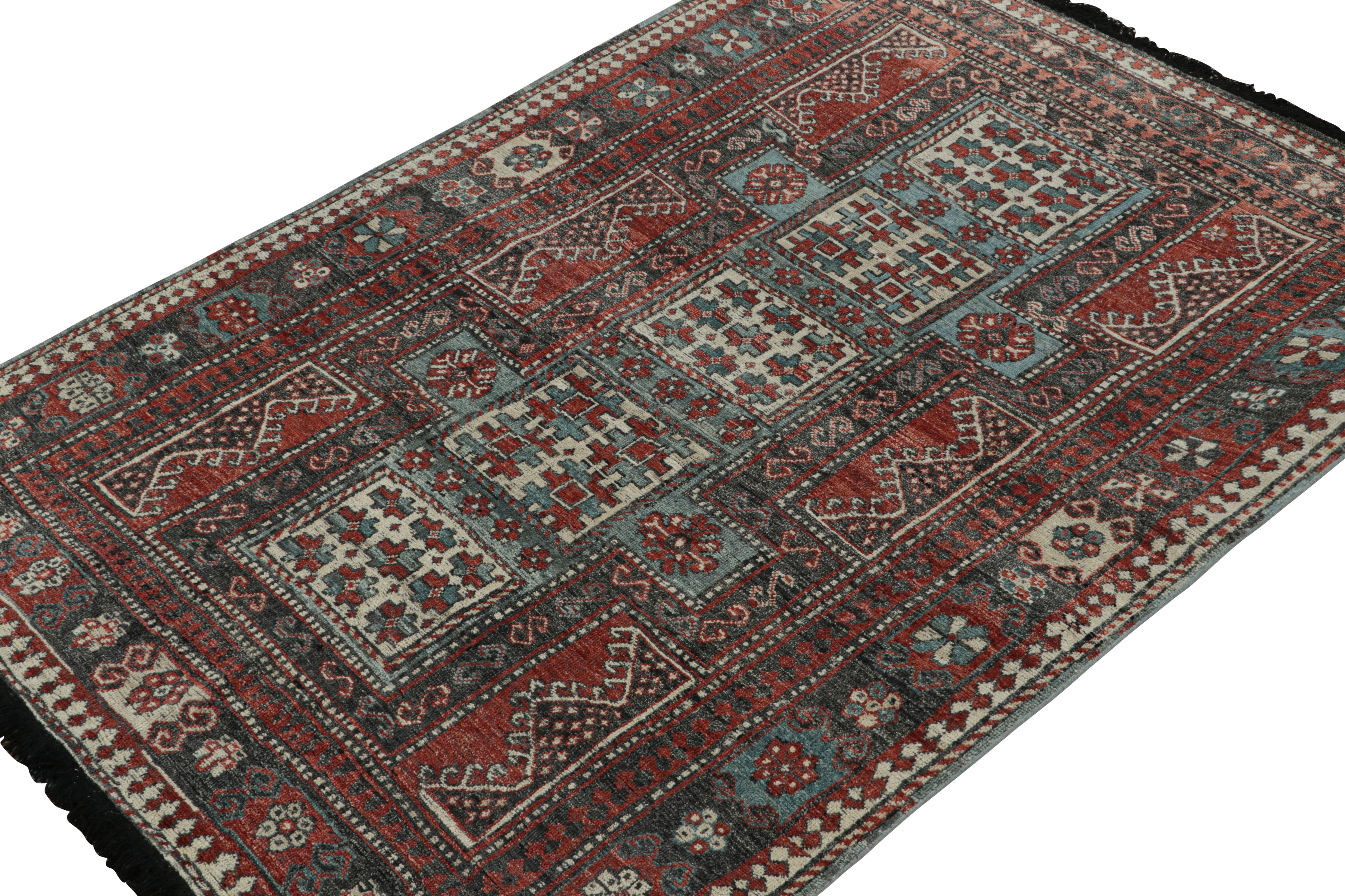 This 5x7 rug is a grand new entry to Rug & Kilim’s Burano collection. Hand-knotted in Persian wool.

Further on the Design: 

Inspired by antique tribal rugs, this rug revels in blue, red & black with defined movement and traditional sensibility.
