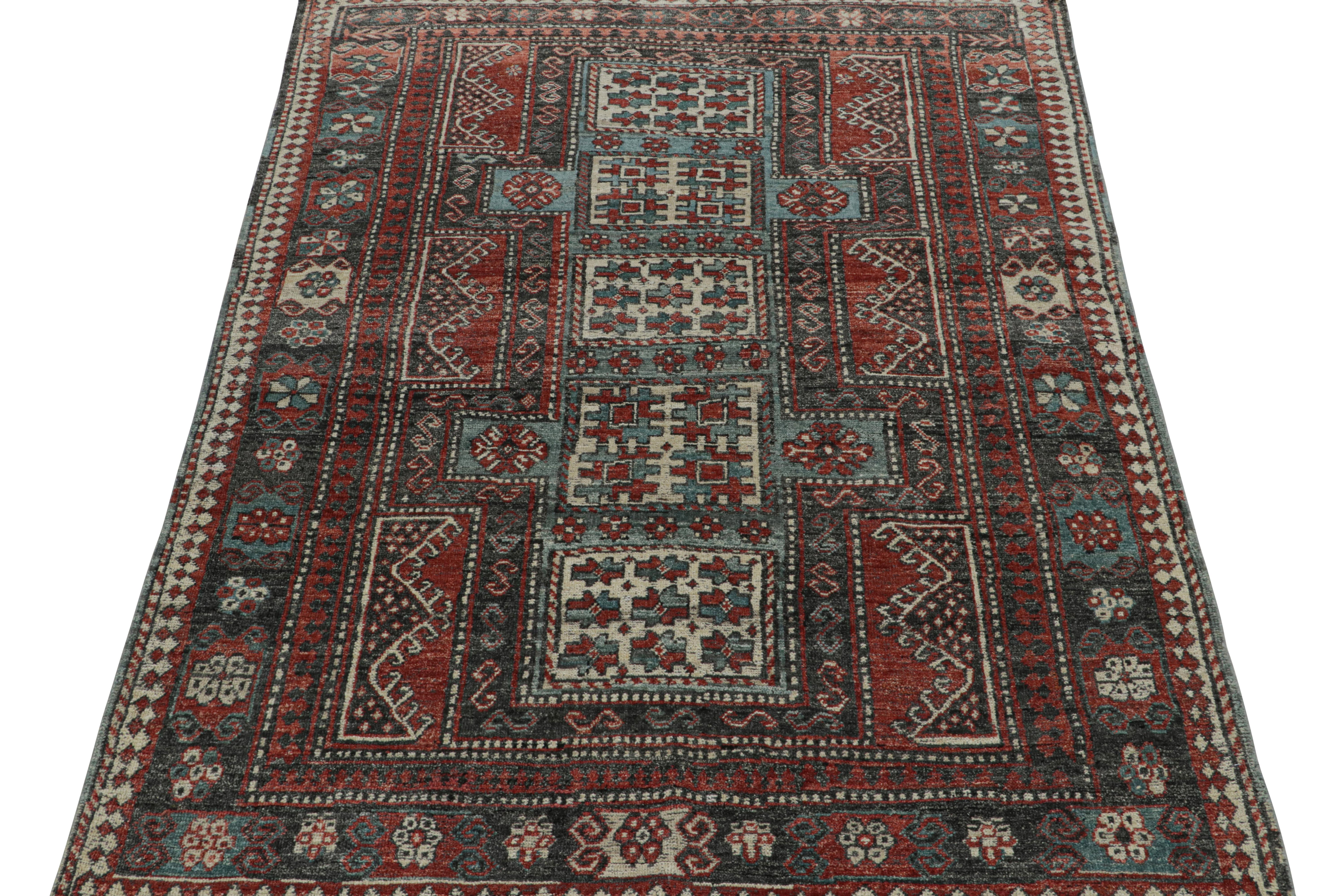 Indian Rug & Kilim’s Tribal Style Rug in Red, Blue & Black Geometric Patterns For Sale