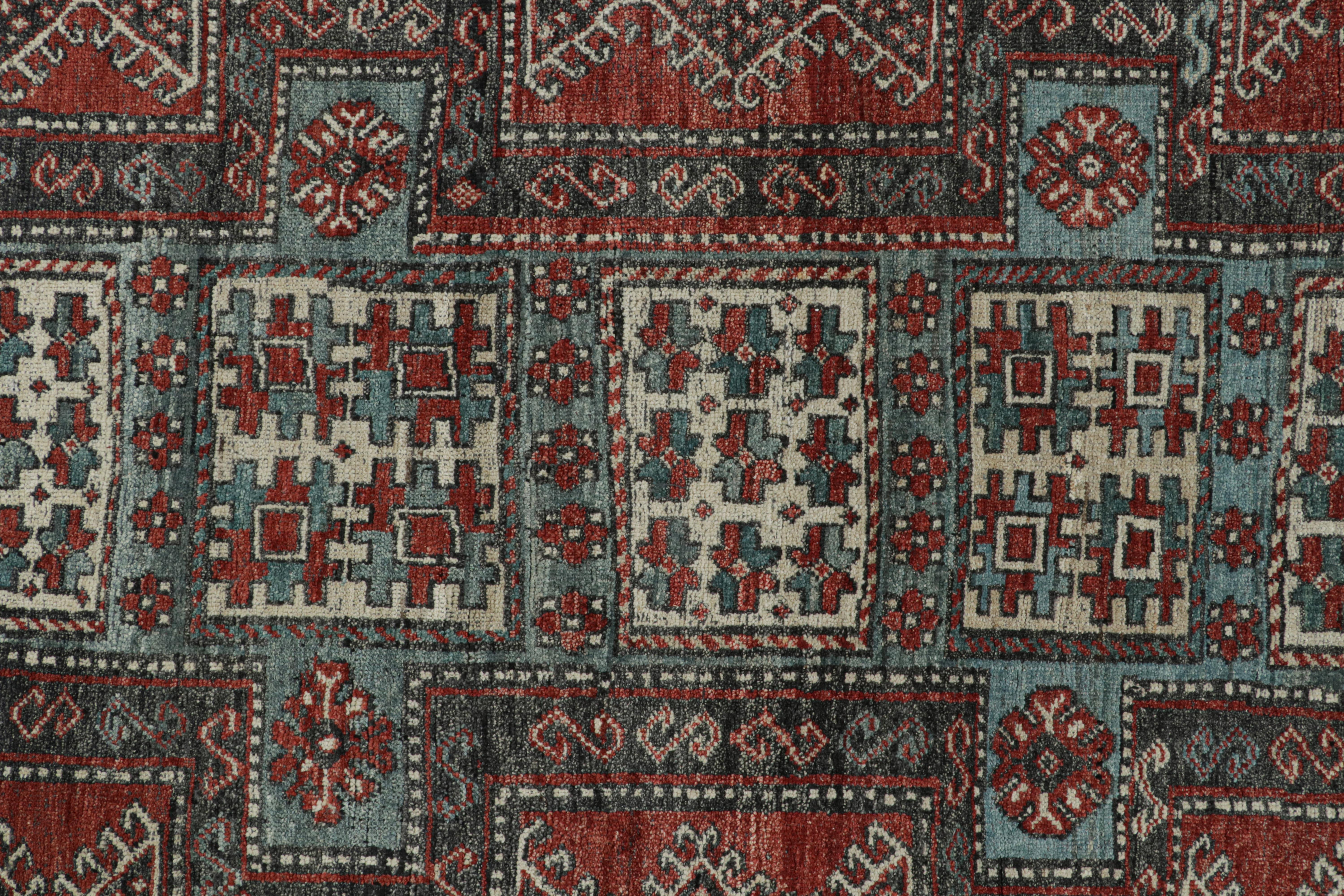 Contemporary Rug & Kilim’s Tribal Style Rug in Red, Blue & Black Geometric Patterns For Sale