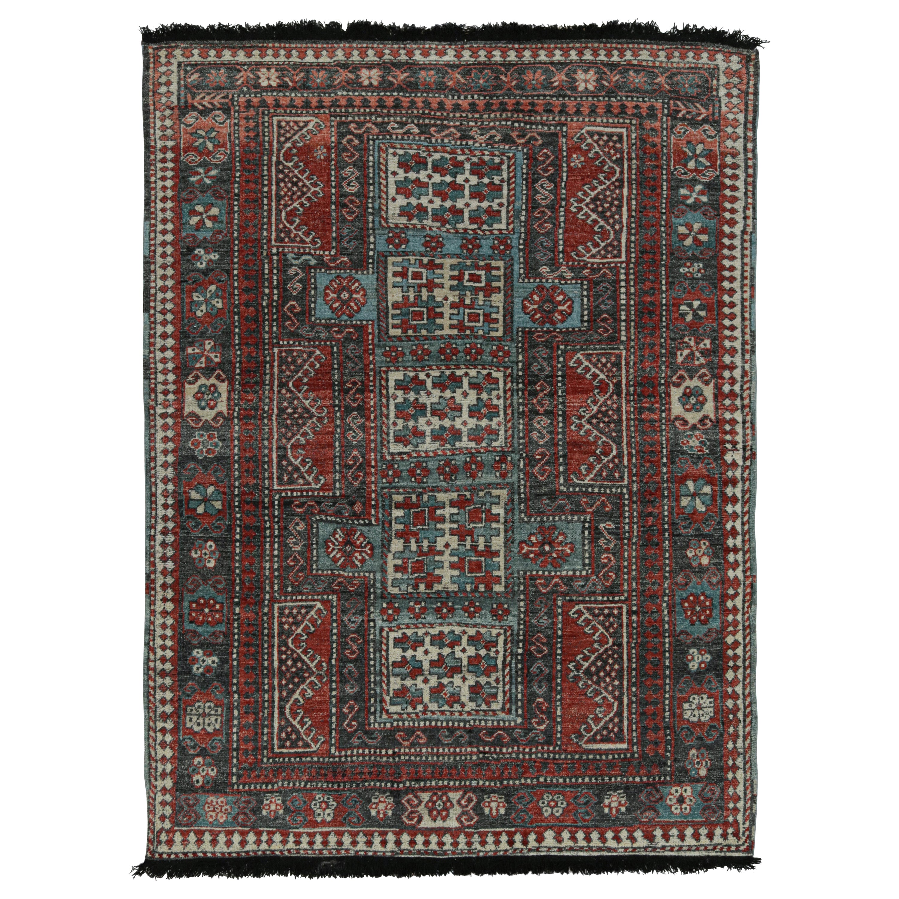 Rug & Kilim’s Tribal Style Rug in Red, Blue & Black Geometric Patterns For Sale
