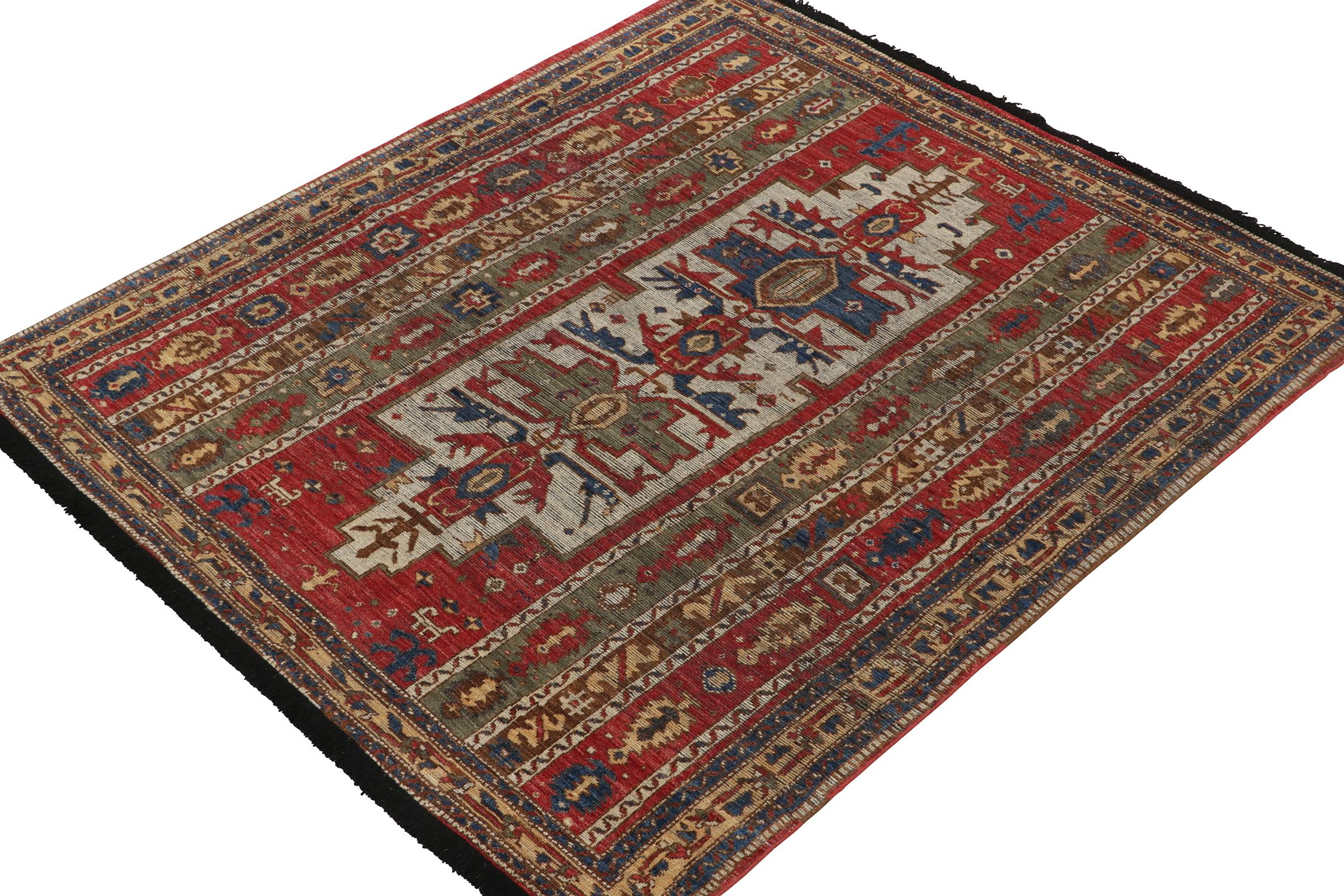 This 6x7 rug is a regal new entry to Rug & Kilim’s custom classics Burano collection. Hand-knotted in Persian wool.
Further on the Design: 
This piece draws on tribal rugs and medallion, motif, and stripe patterns in rich red, green, blue, and