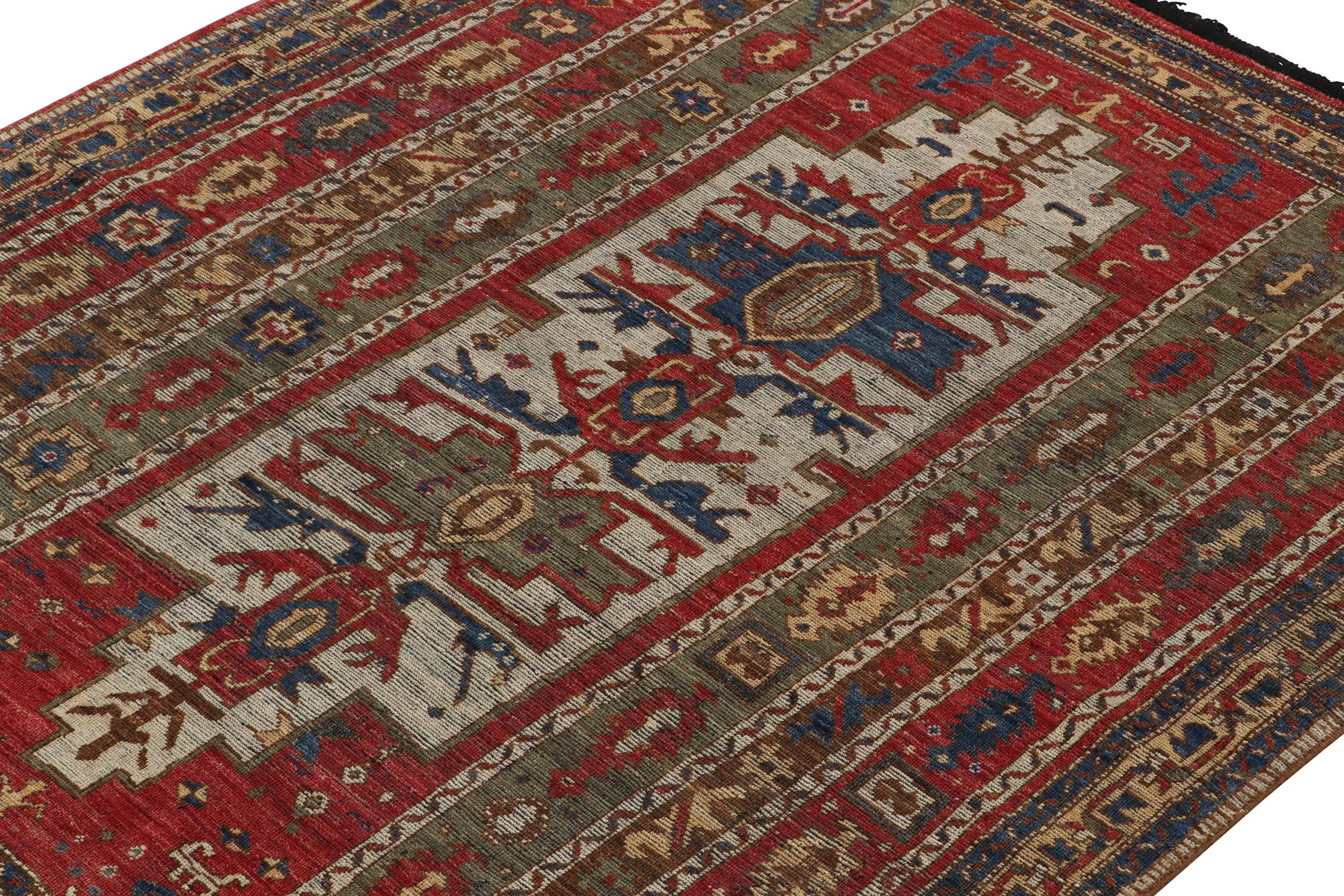 Hand-Knotted Rug & Kilim’s Tribal Style Rug in Red, Green and Blue Geometric Patterns For Sale