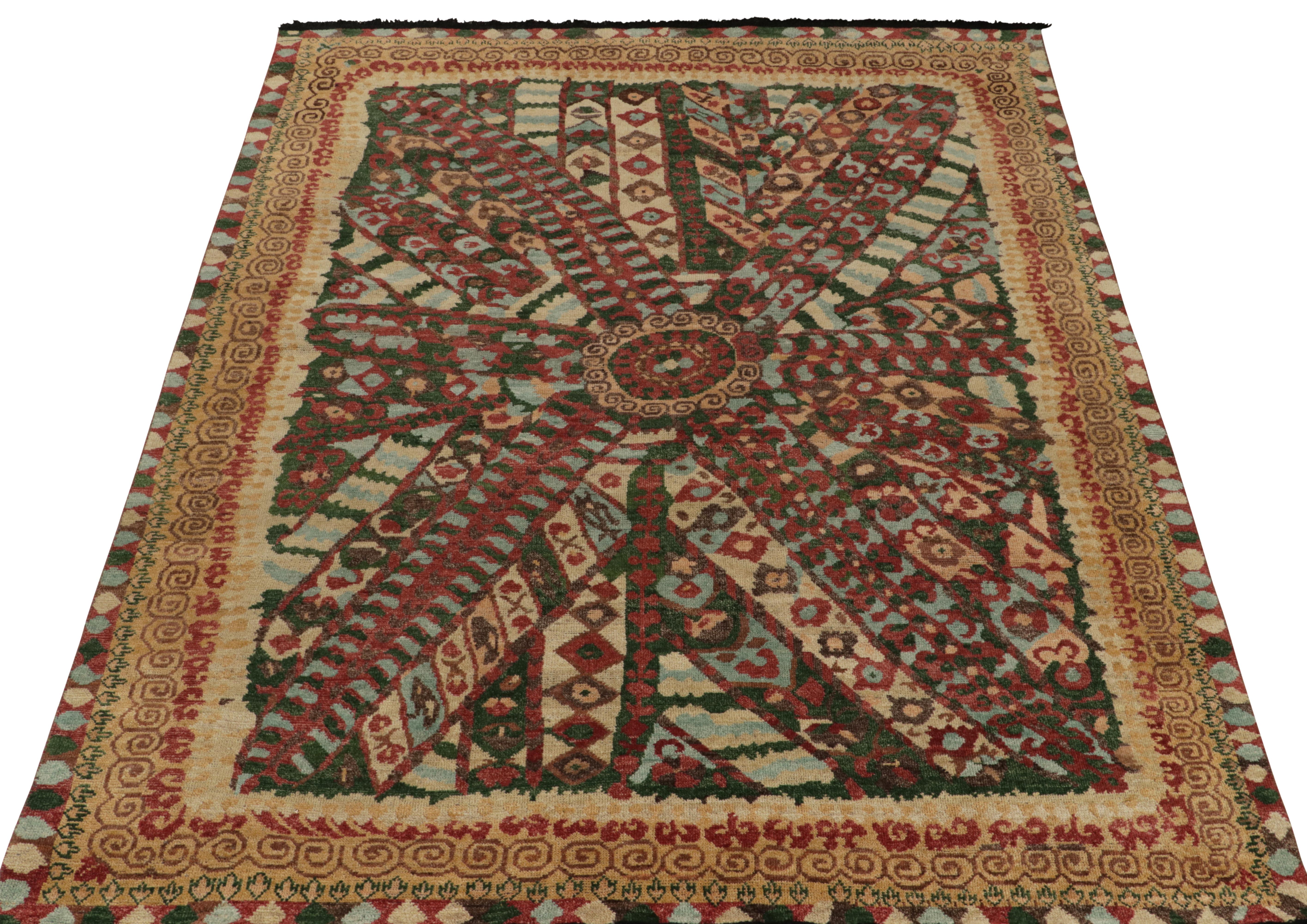 Noué à la main en laine, ce 6x9 est une ode à l'esthétique tribale. Il est issu de la Collection Burano de Rug & Kilim. Le dessin reflète un motif géométrique tentaculaire se déployant à partir d'un médaillon central avec une myriade de motifs