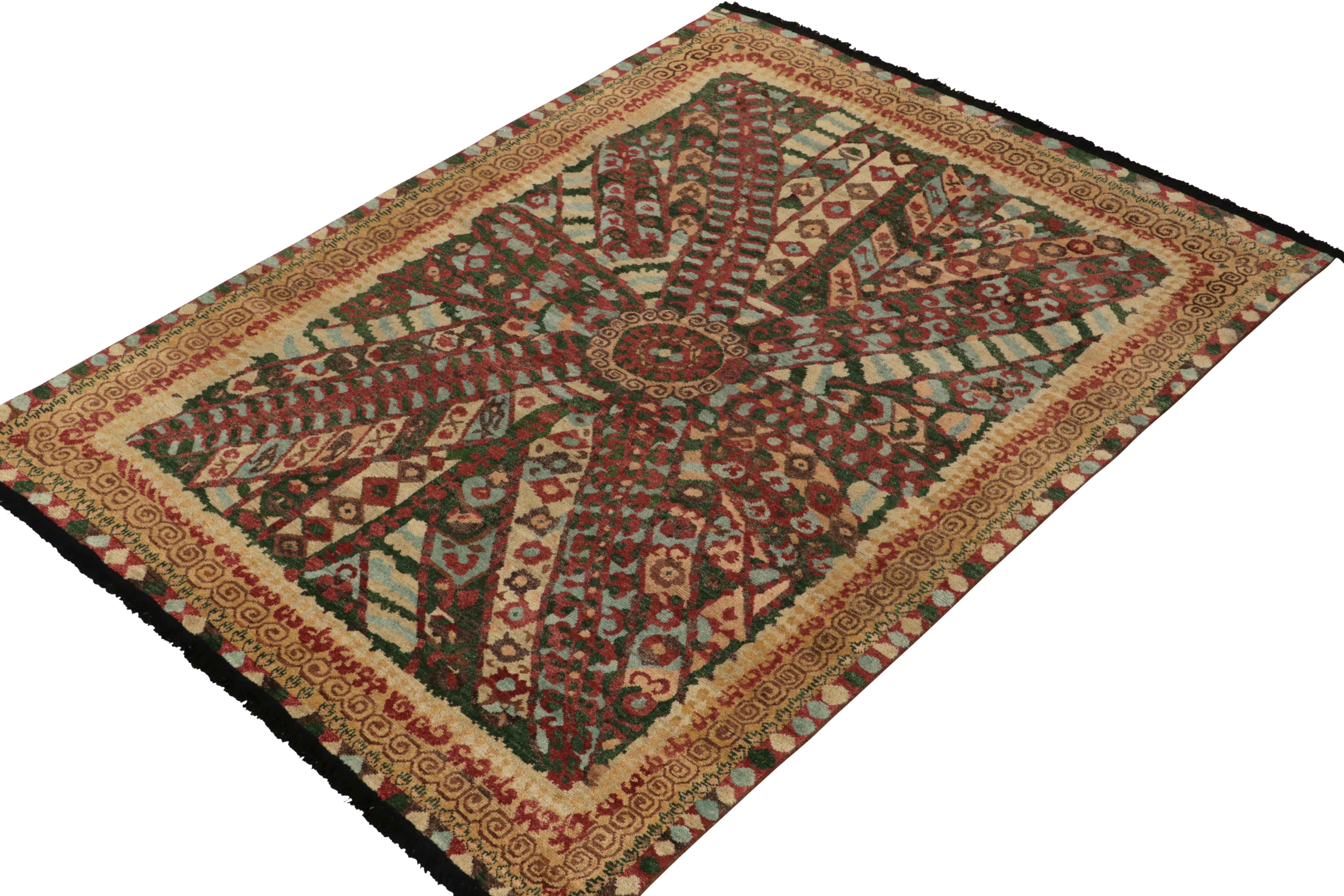 Indian Rug & Kilim's Tribal Style Rug in Red, Green Geometric Pattern and Beige Border For Sale