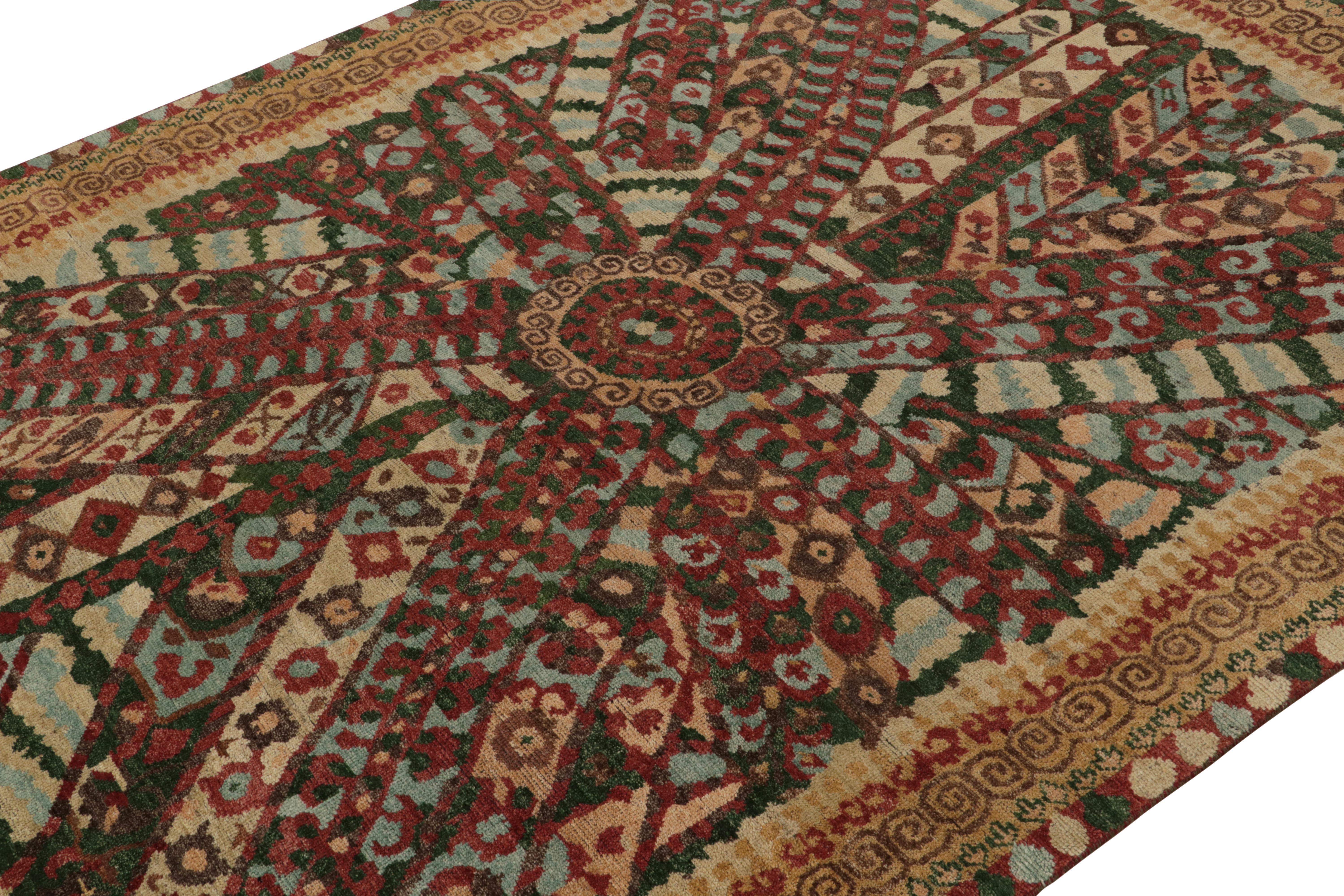 Hand-Knotted Rug & Kilim's Tribal Style Rug in Red, Green Geometric Pattern and Beige Border For Sale