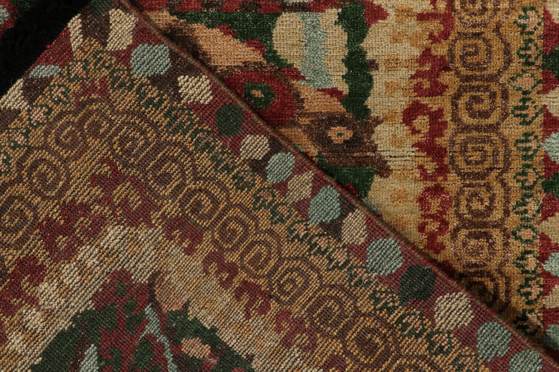 Contemporary Rug & Kilim's Tribal Style Rug in Red, Green Geometric Pattern and Beige Border For Sale