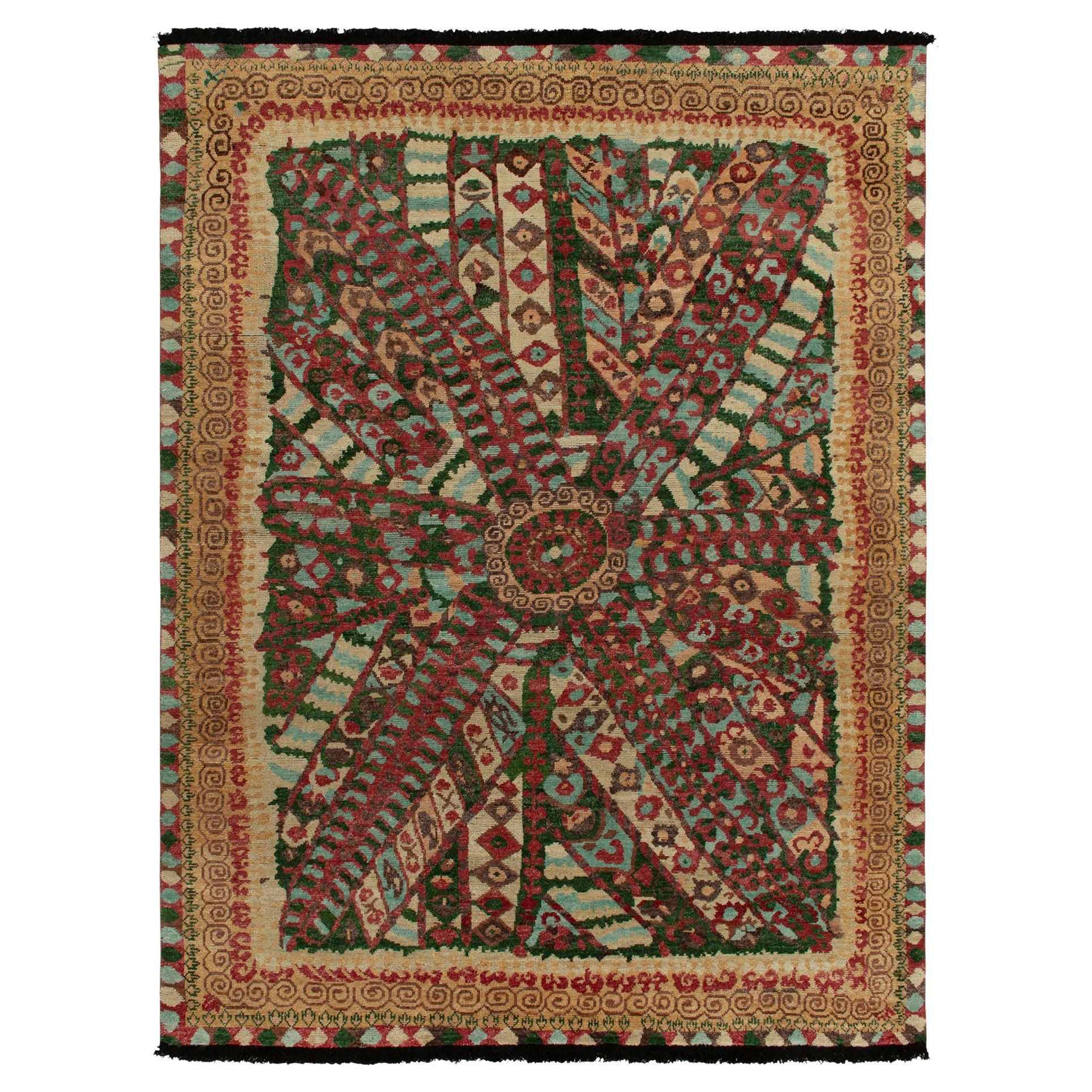 Rug & Kilim's Tribal Style Rug in Red, Green Geometric Pattern and Beige Border For Sale