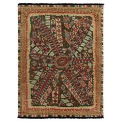Rug & Kilim's Tribal Style Rug in Red, Green Geometric Pattern and Beige Border