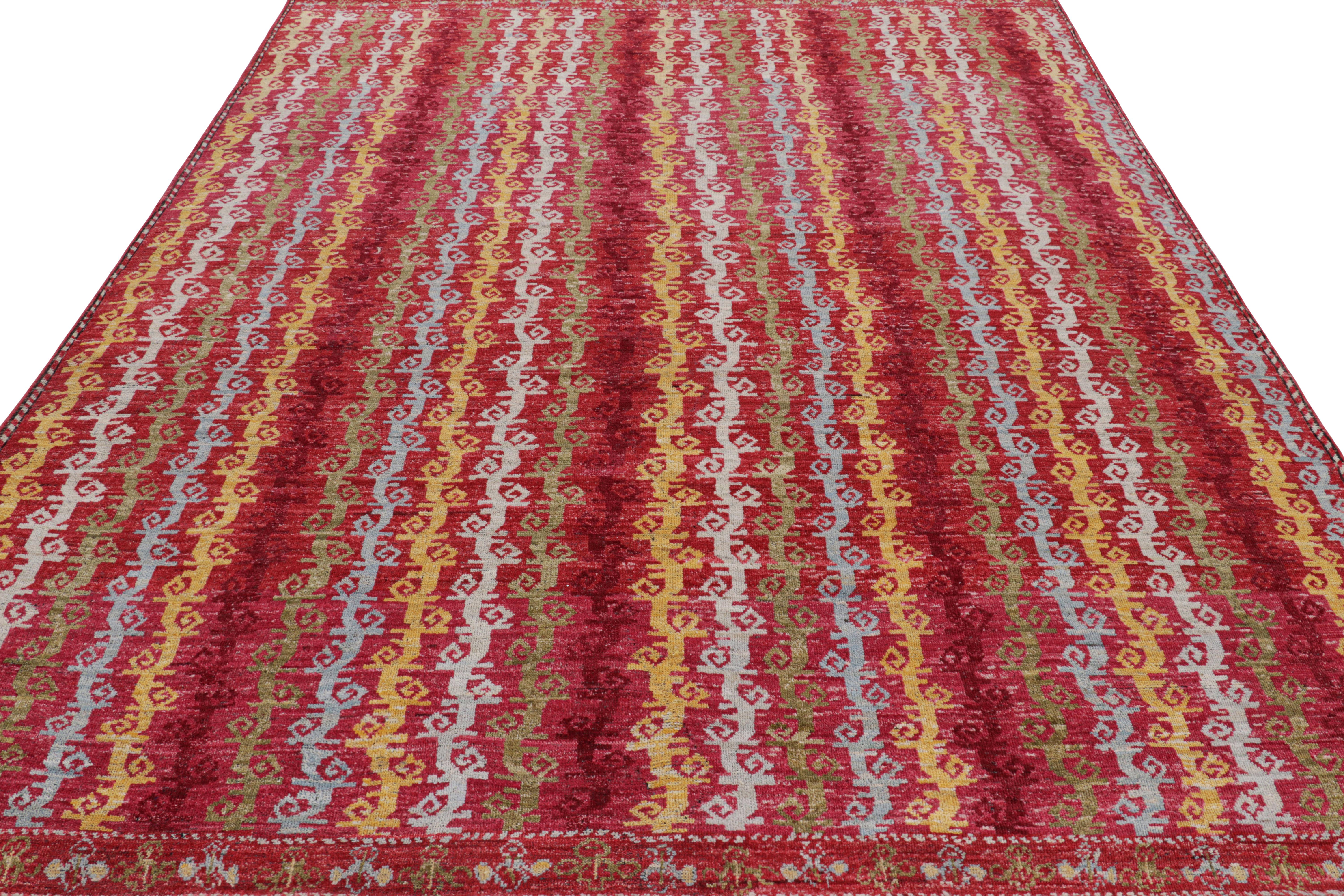 Hand-Knotted Rug & Kilim’s Tribal Style Rug in Red with Colorful Geometric Stripes For Sale