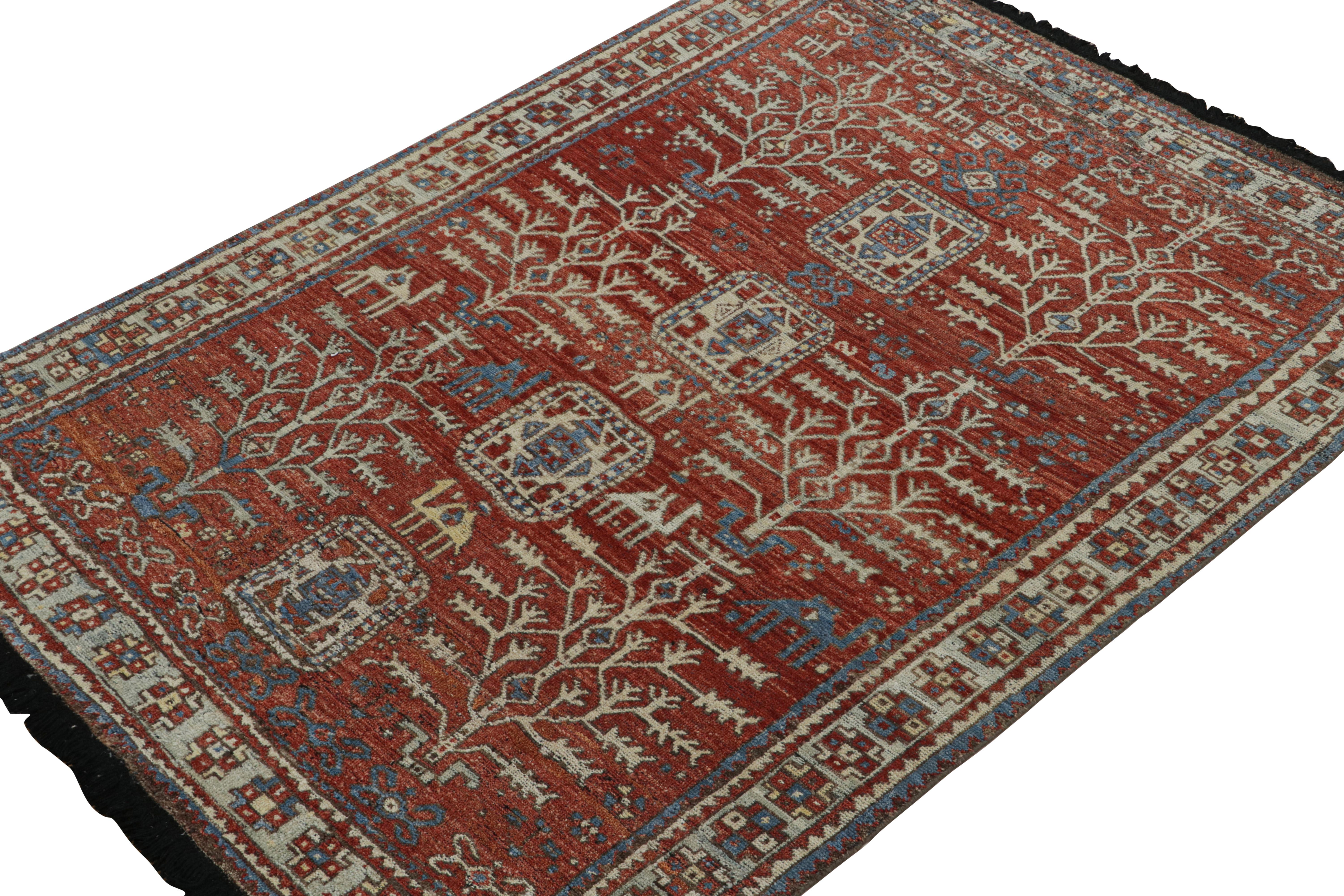 This 5x7 rug is a grand new entry to Rug & Kilim’s classics Burano collection. Hand-knotted in wool.

Further on the Design: 

Inspired by antique tribal rugs, this pictorial rug features camel depictions accompanying geometric patterns in red,