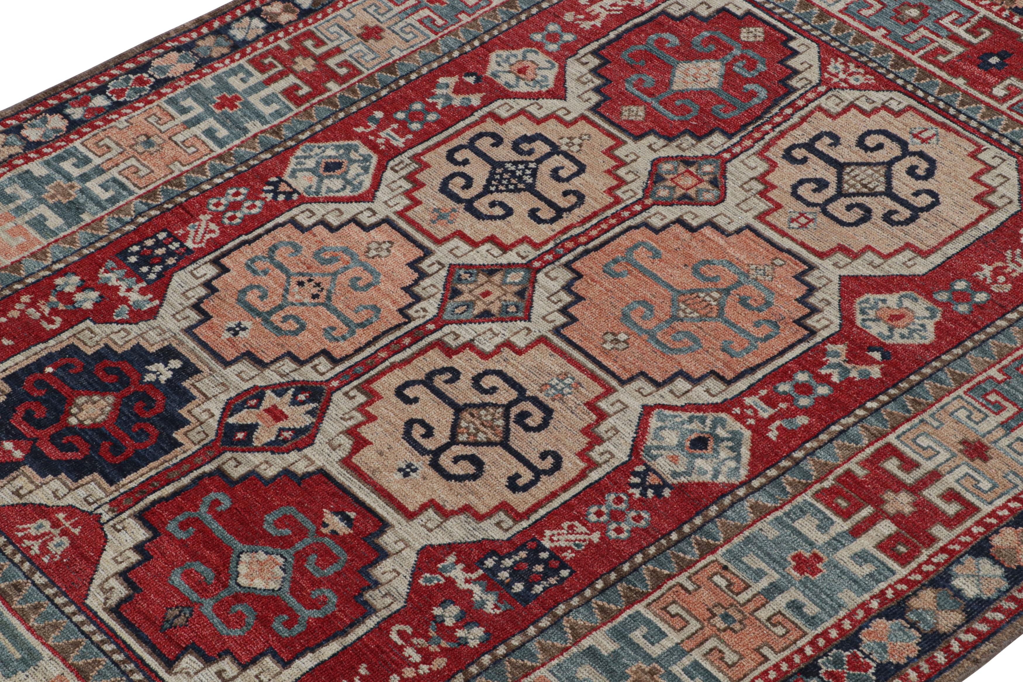 Hand-Knotted Rug & Kilim’s Tribal Style Rug in Red with Pink & Blue Geometric Medallions For Sale