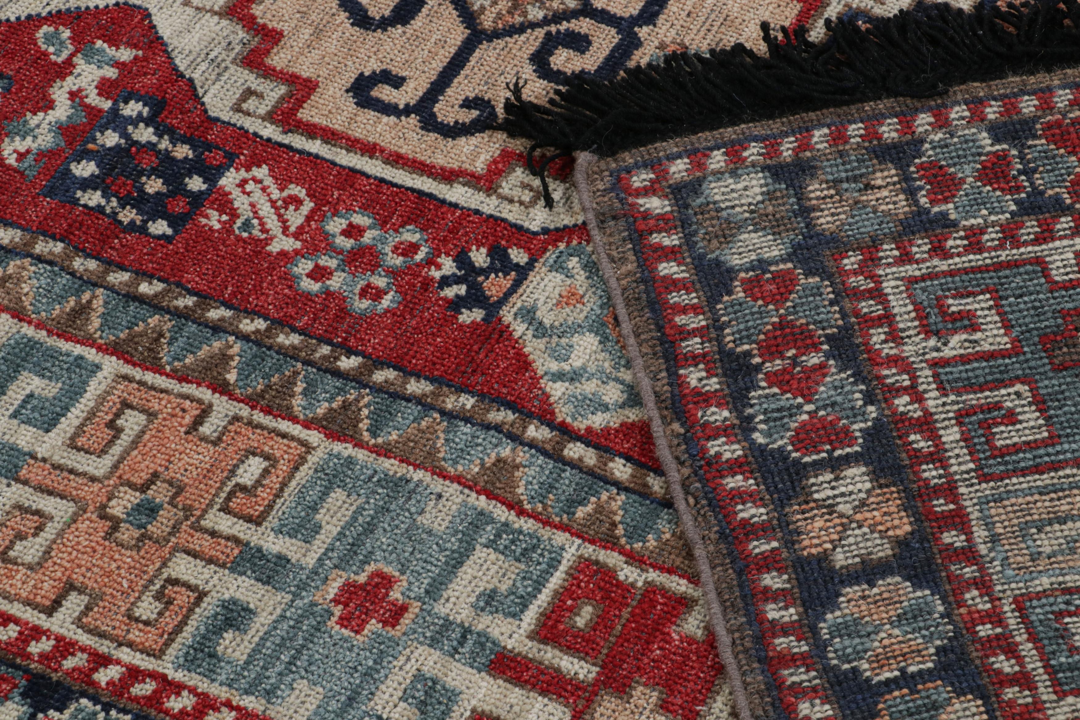 Wool Rug & Kilim’s Tribal Style Rug in Red with Pink & Blue Geometric Medallions For Sale
