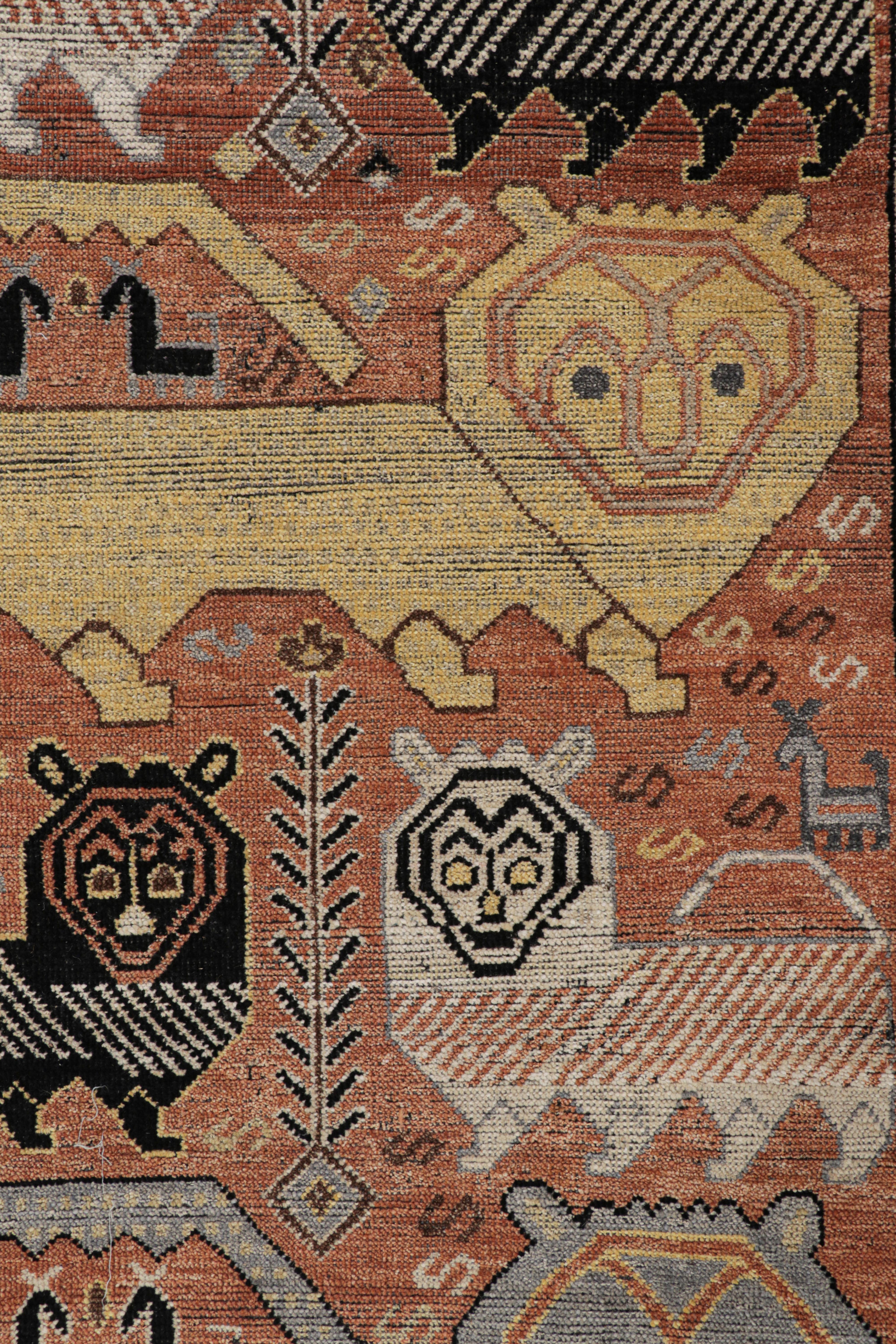 Contemporary Rug & Kilim’s Tribal Style Rug in Rust with Polychromatic Lion Pictorials For Sale