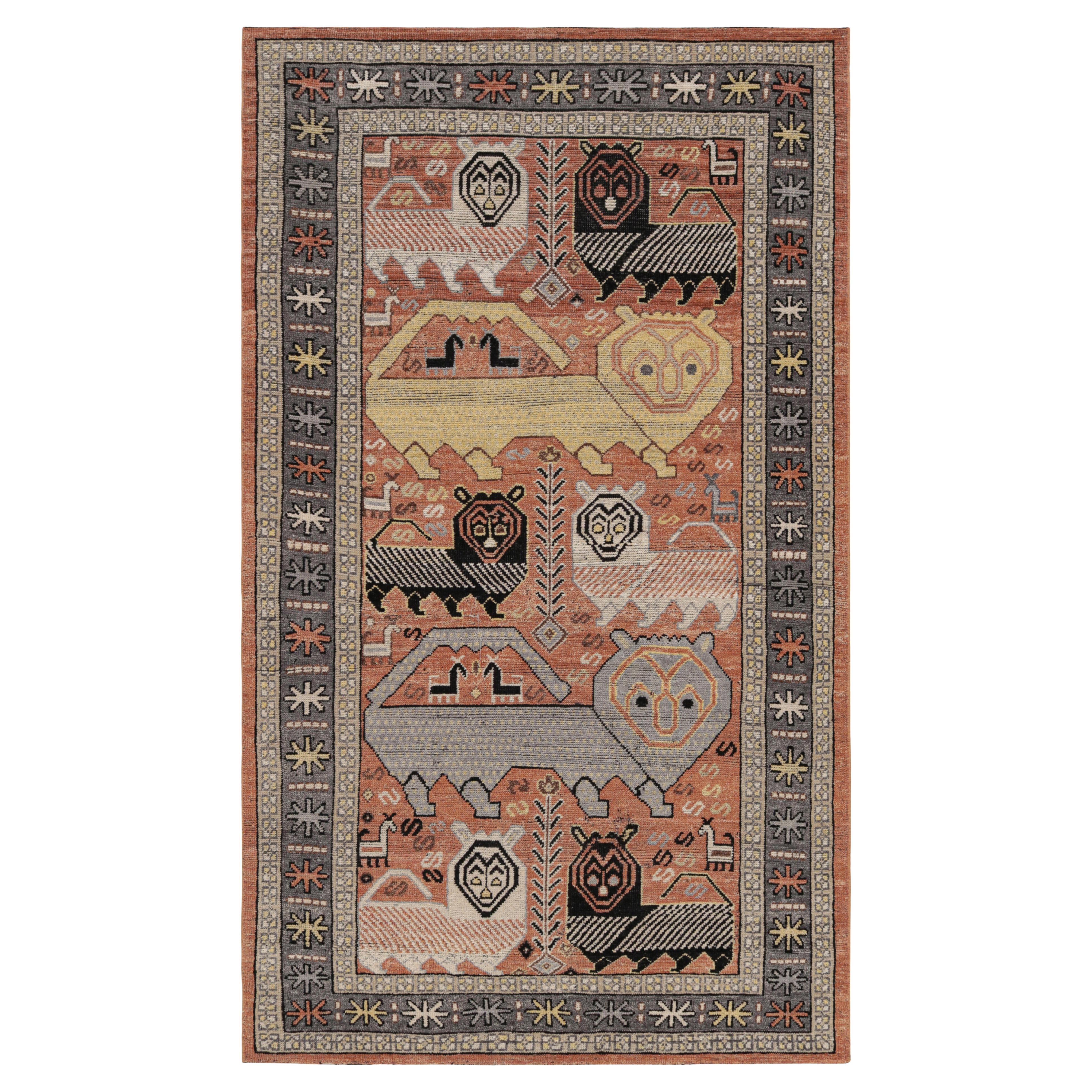 Rug & Kilim’s Tribal Style Rug in Rust with Polychromatic Lion Pictorials For Sale