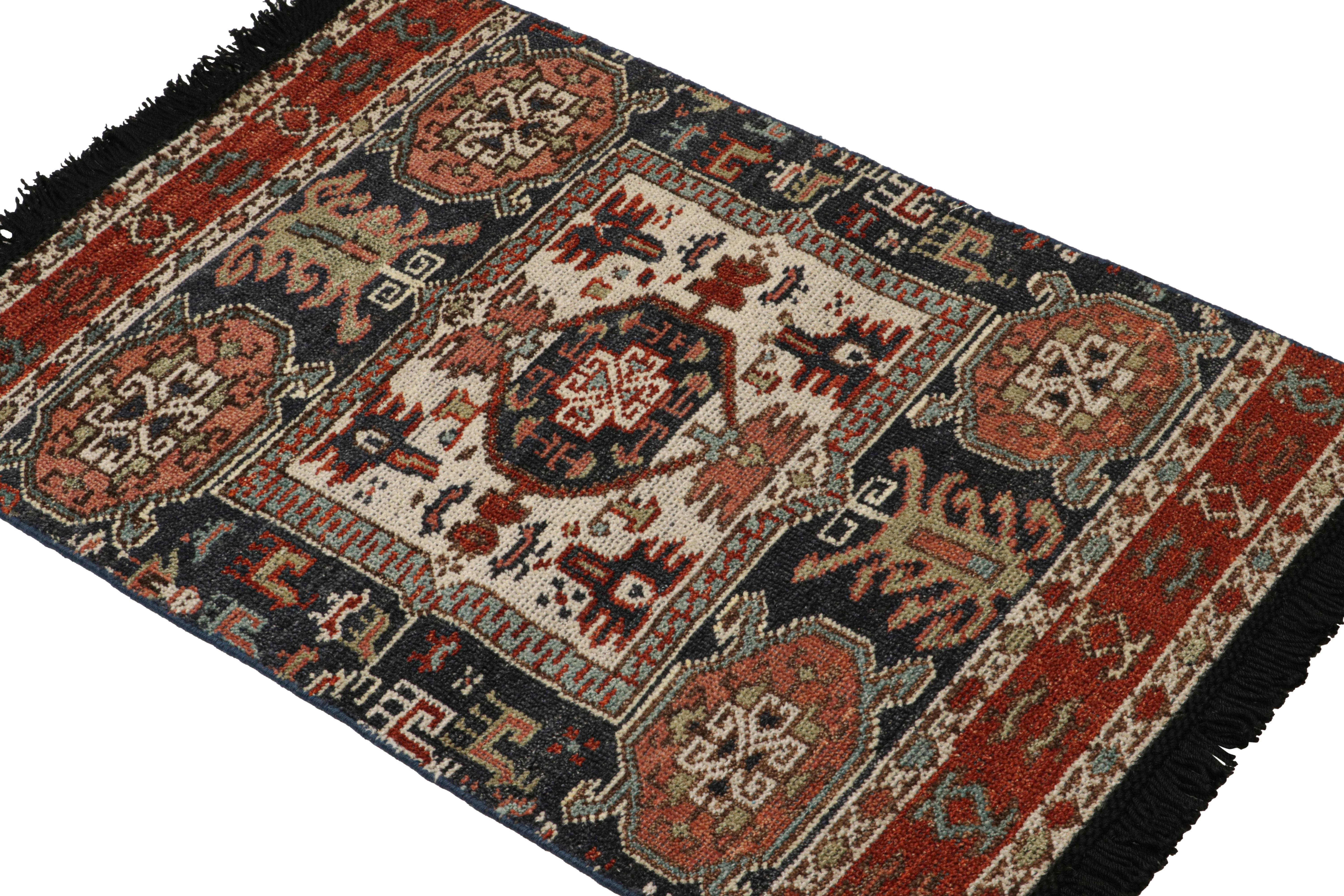 Inspired by antique tribal rugs, particularly in its love of medallions in the geometric gul style, this 2x3 rug is hand-knotted in wool. 

On the Design: 

Particularly inspired by the nomadic pieces, it features an archaic primitivist weaving