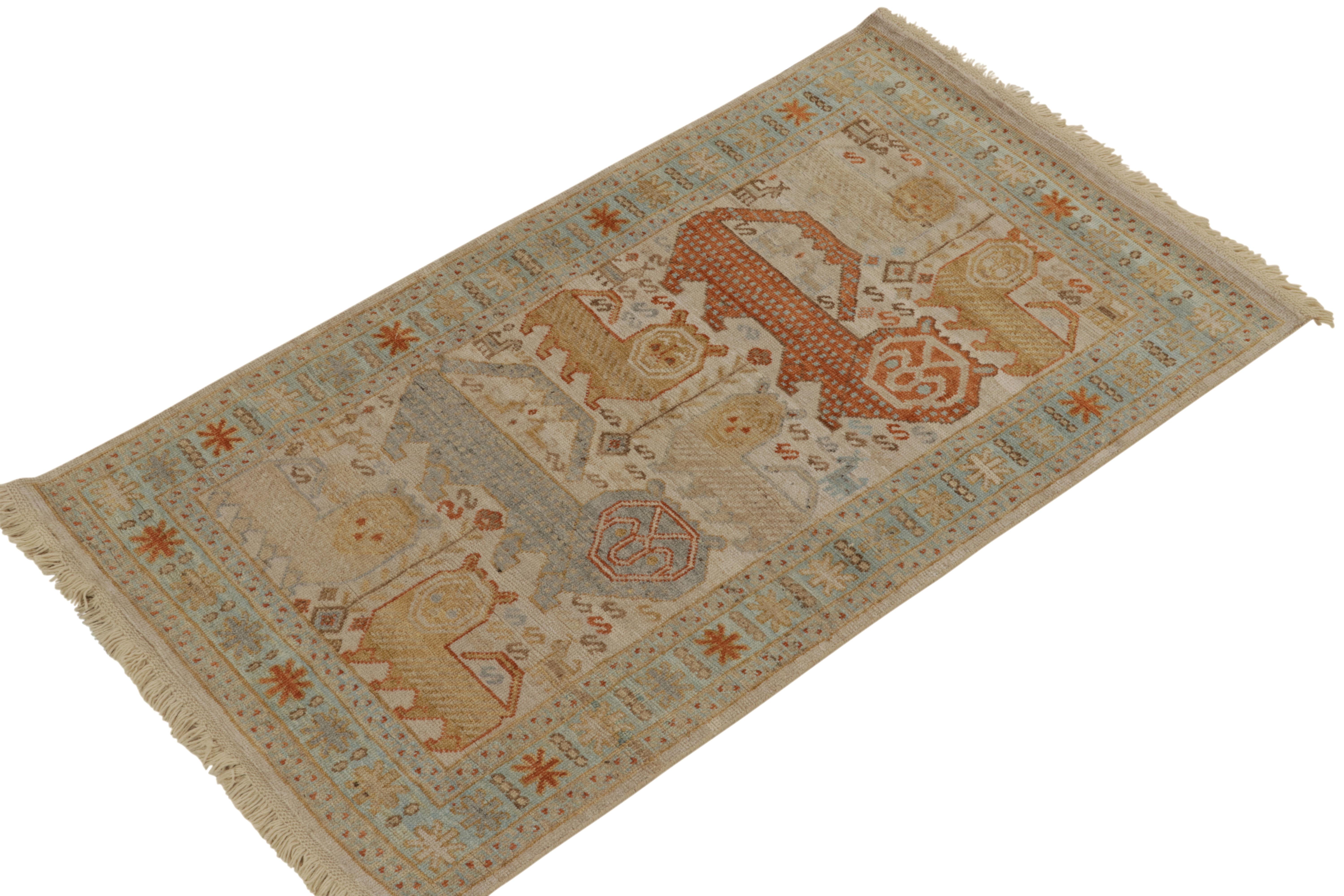 Hand-knotted in wool, a 3x6 ode to classic Caucasian rug aesthetics—from Rug & Kilim’s extensive Burano Collection. 

The carpet draws on tribal lion pictorials in warm, rusty red and light blue atop beige-brown. Keen-eyed connoisseurs will admire