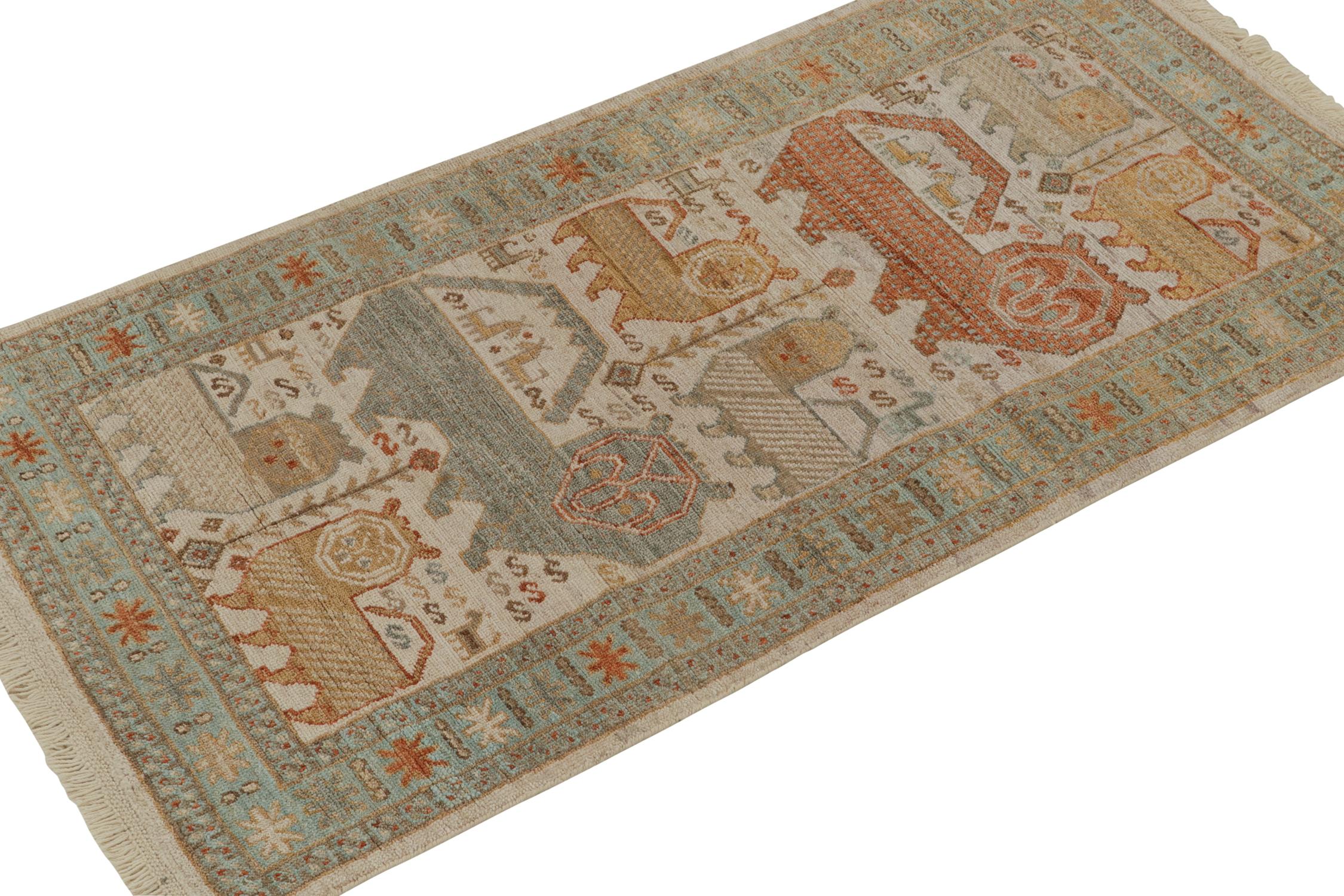Hand-knotted in wool, a 3x6 ode to classic Caucasian rug aesthetics—from Rug & Kilim’s extensive Burano Collection. 

The carpet draws on tribal lion pictorials in warm, rusty red and light blue atop beige-brown. Keen-eyed connoisseurs will admire