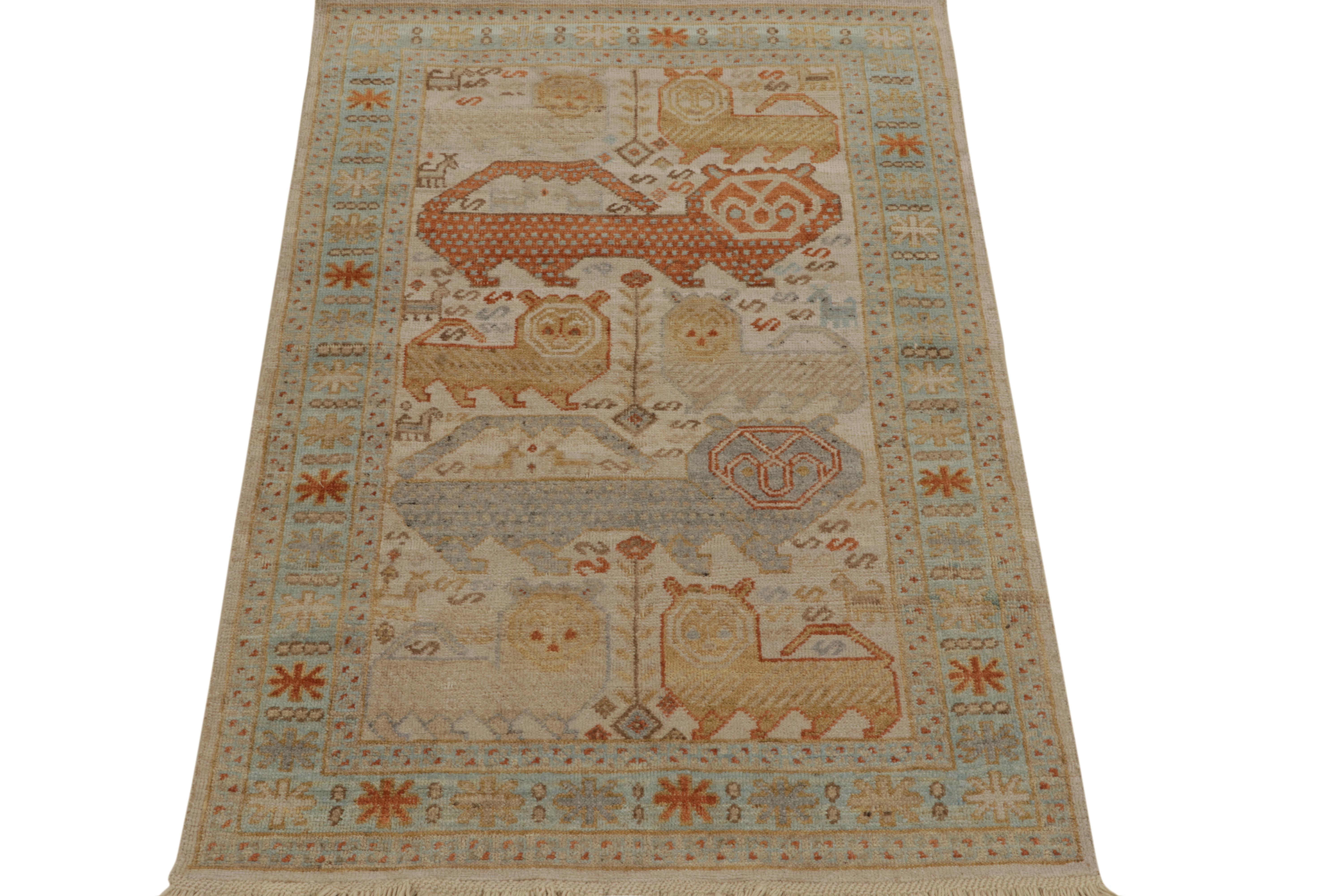 Indian Rug & Kilim’s Tribal Style Runner in Beige-Brown, Blue and Red Pictorials For Sale