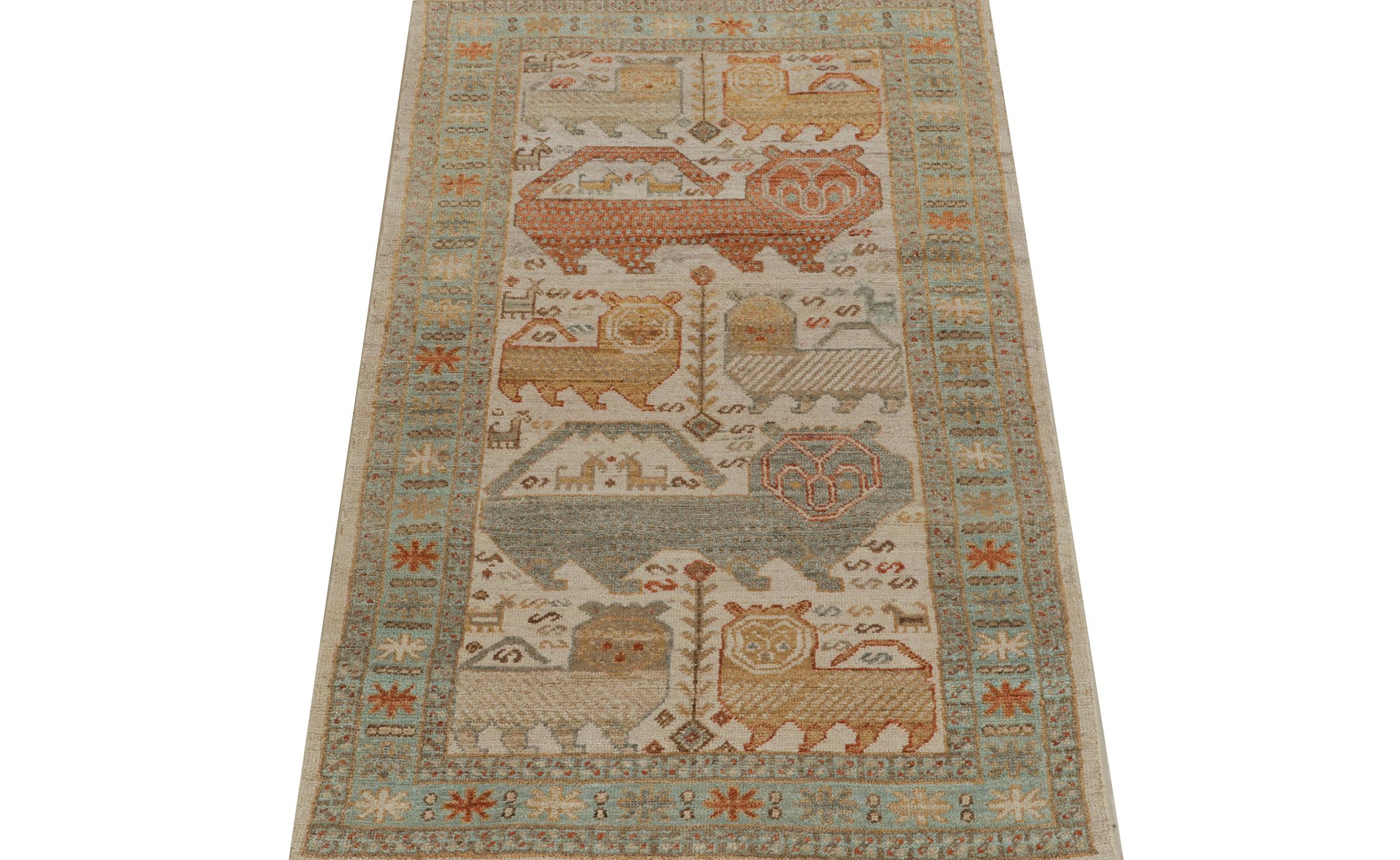 Indian  Rug & Kilim’s Tribal style runner in Beige-Brown, Blue and Red Pictorials For Sale