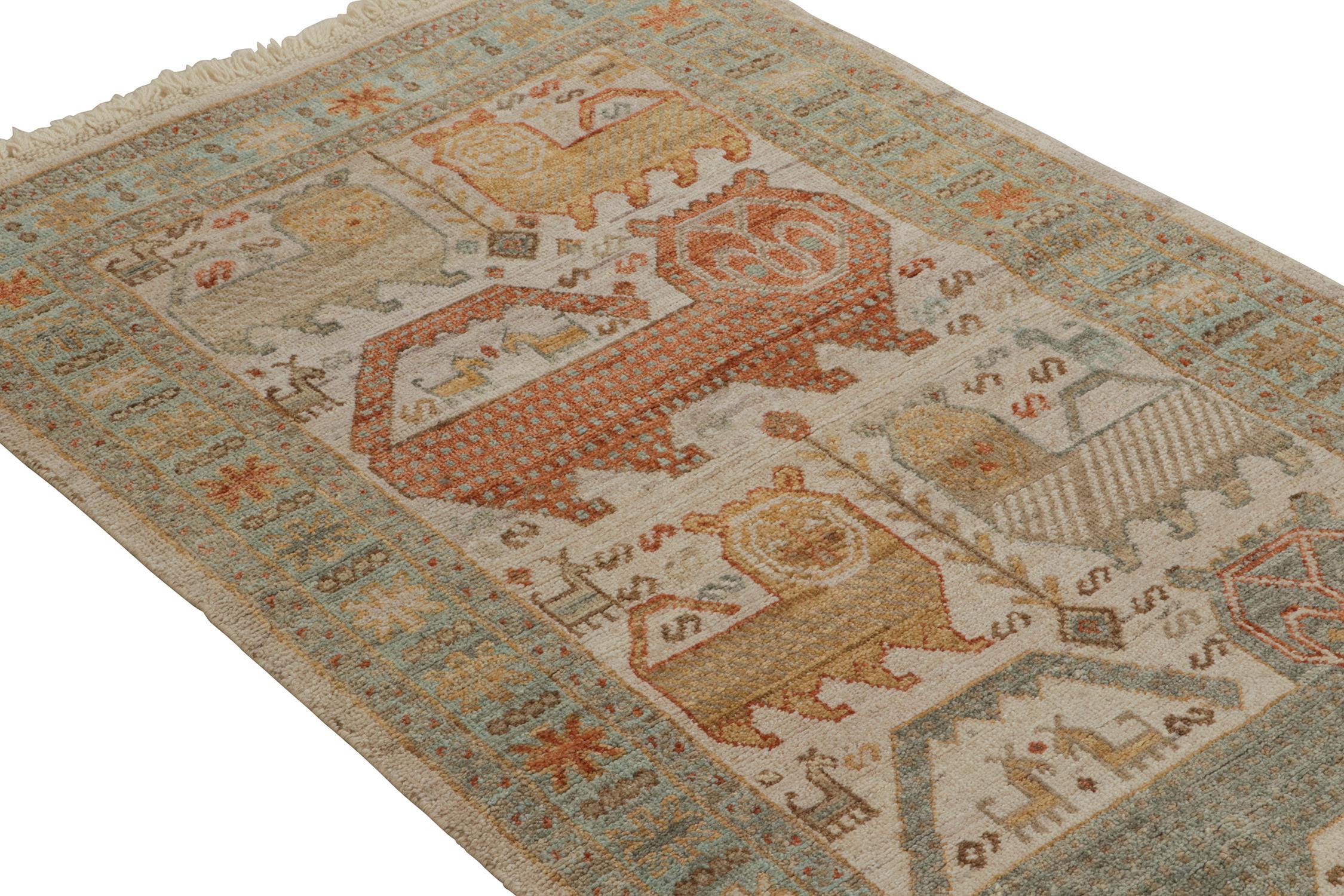Hand-Knotted  Rug & Kilim’s Tribal style runner in Beige-Brown, Blue and Red Pictorials For Sale