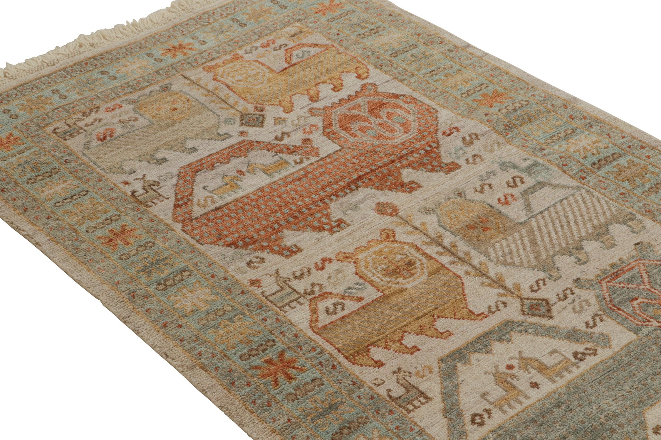 Hand-Knotted Rug & Kilim’s Tribal style runner in Beige-Brown, Blue and Red Pictorials For Sale