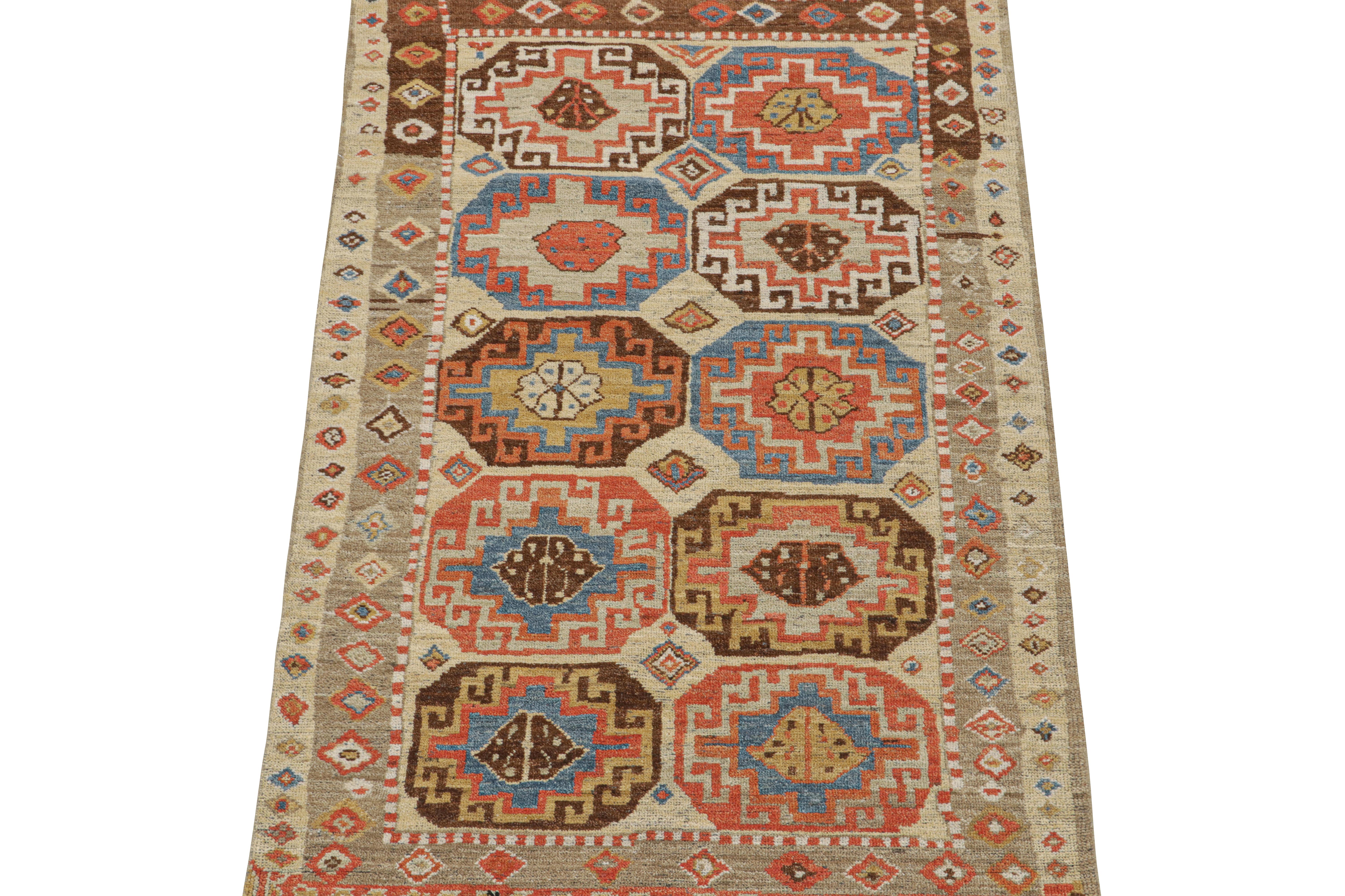 This 3x6 runner is a grand new entry to Rug & Kilim’s classics Burano collection. 

Hand knotted in wool, this particular design draws inspiration from antique tribal rugs with gul-style medallions and traditional geometric patterns. The colorway