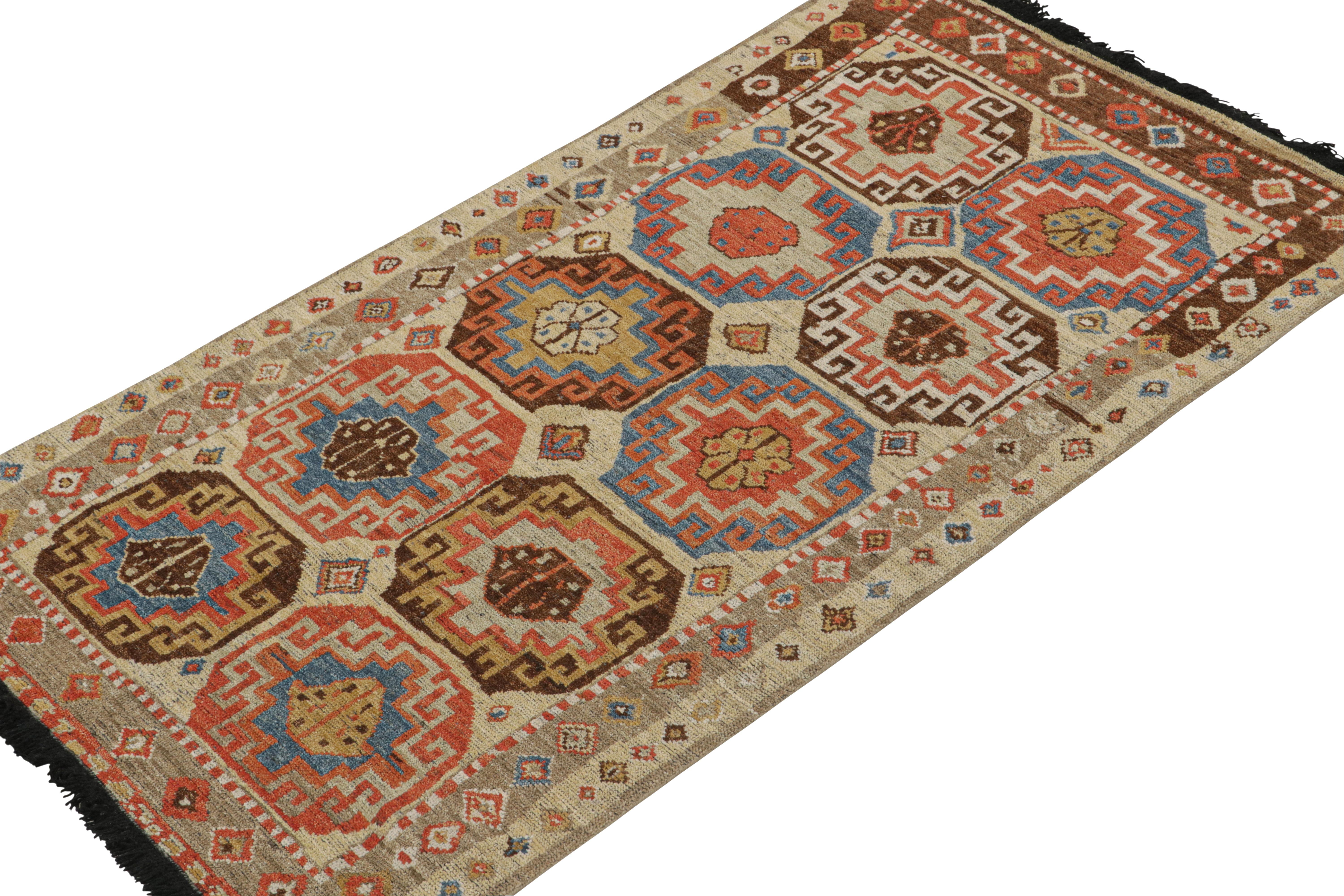 Indian Rug & Kilim’s Tribal-Style Runner in Beige with Blue and Red Medallions For Sale