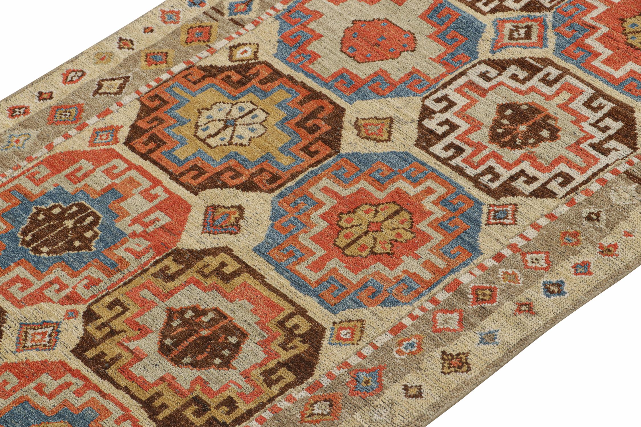 Hand-Knotted Rug & Kilim’s Tribal-Style Runner in Beige with Blue and Red Medallions For Sale
