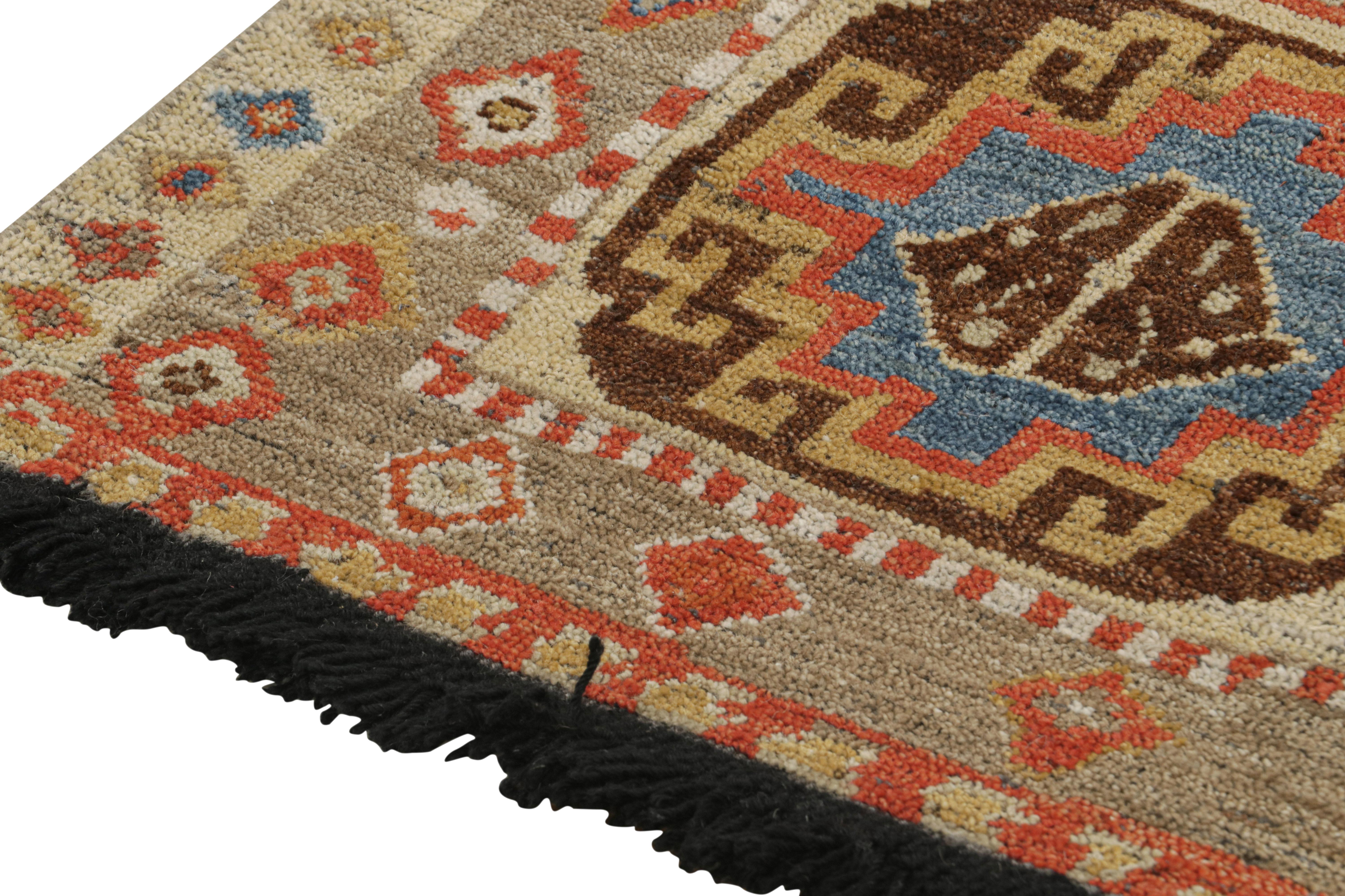 Rug & Kilim’s Tribal-Style Runner in Beige with Blue and Red Medallions In New Condition For Sale In Long Island City, NY