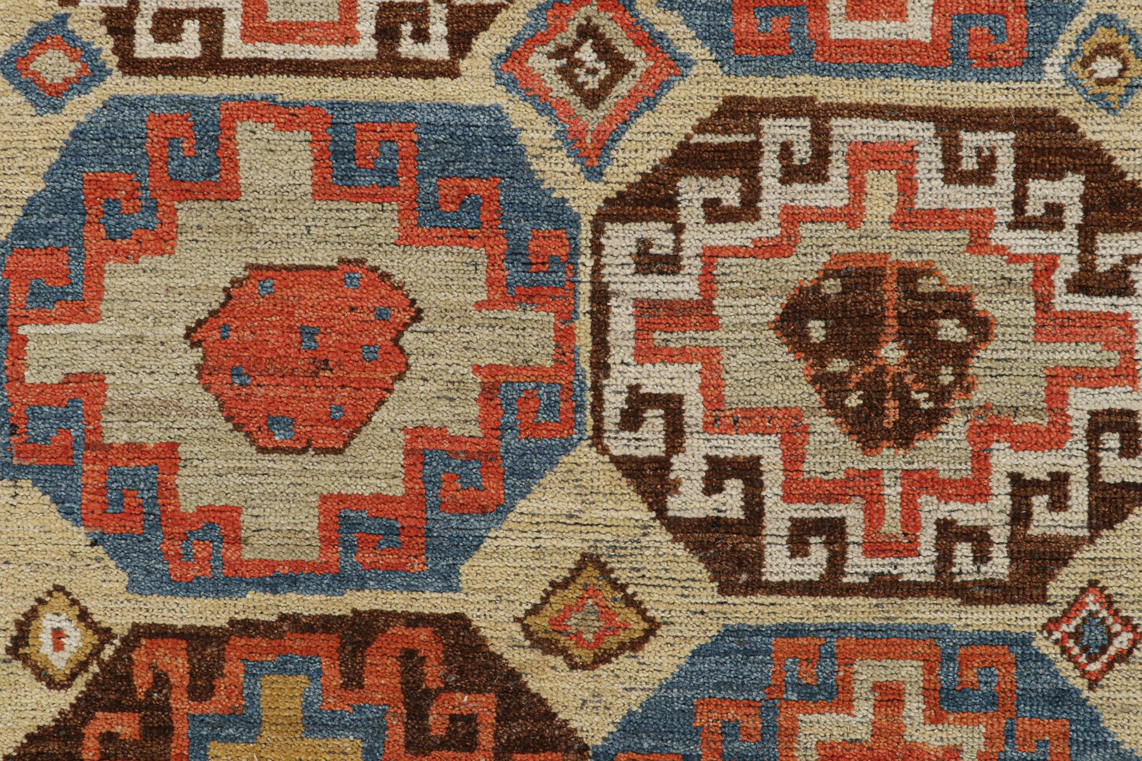 Contemporary Rug & Kilim’s Tribal-Style Runner in Beige with Blue and Red Medallions For Sale