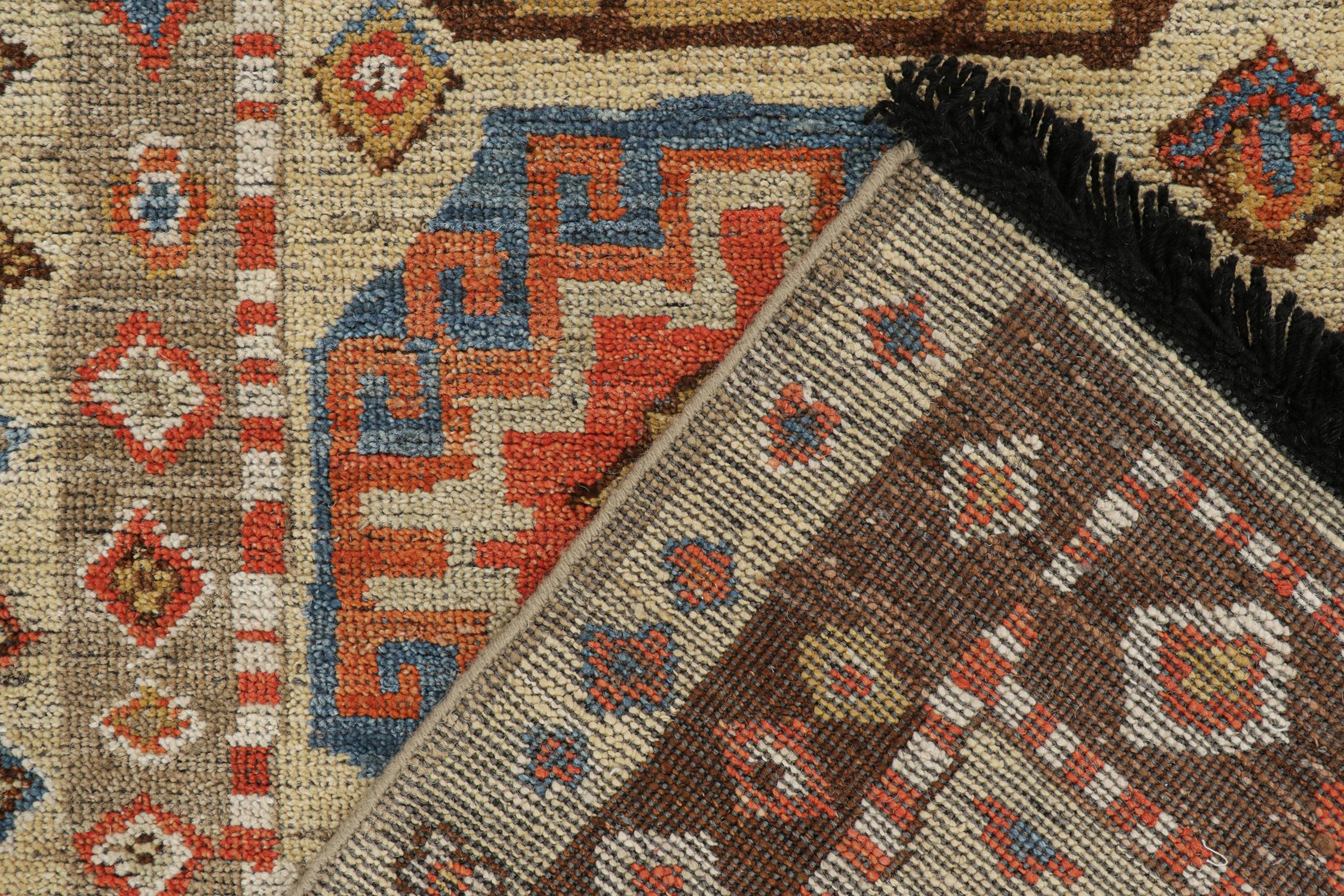 Wool Rug & Kilim’s Tribal-Style Runner in Beige with Blue and Red Medallions For Sale