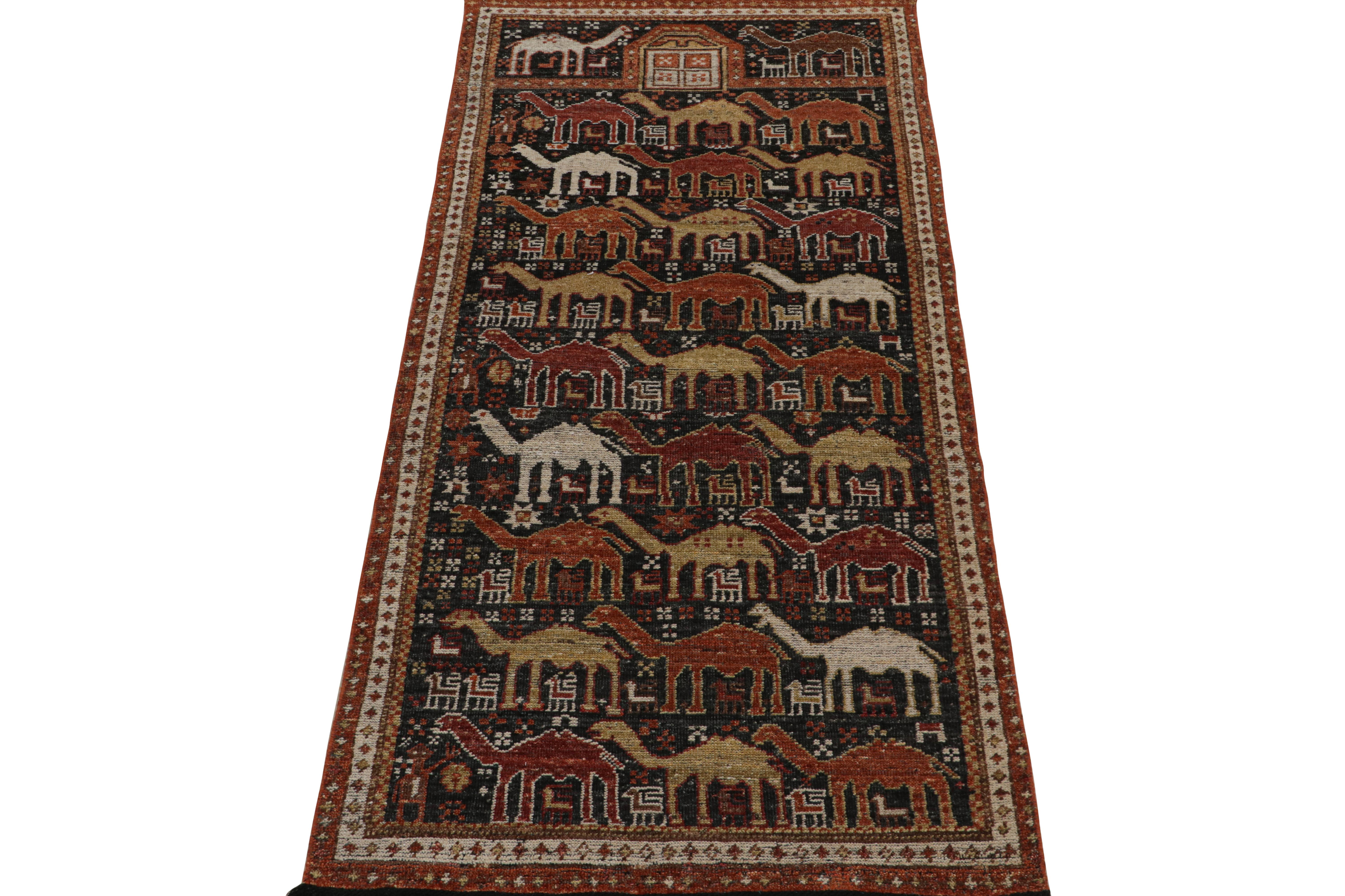 Inspired by antique Caucasian Shirvan rugs, this 3x7 classic style runner from the Burano Collection by Rug & Kilim showcases a montage of distinguished pictorial patterns. The rustic drawing captures the eye with a union of geometric designs,