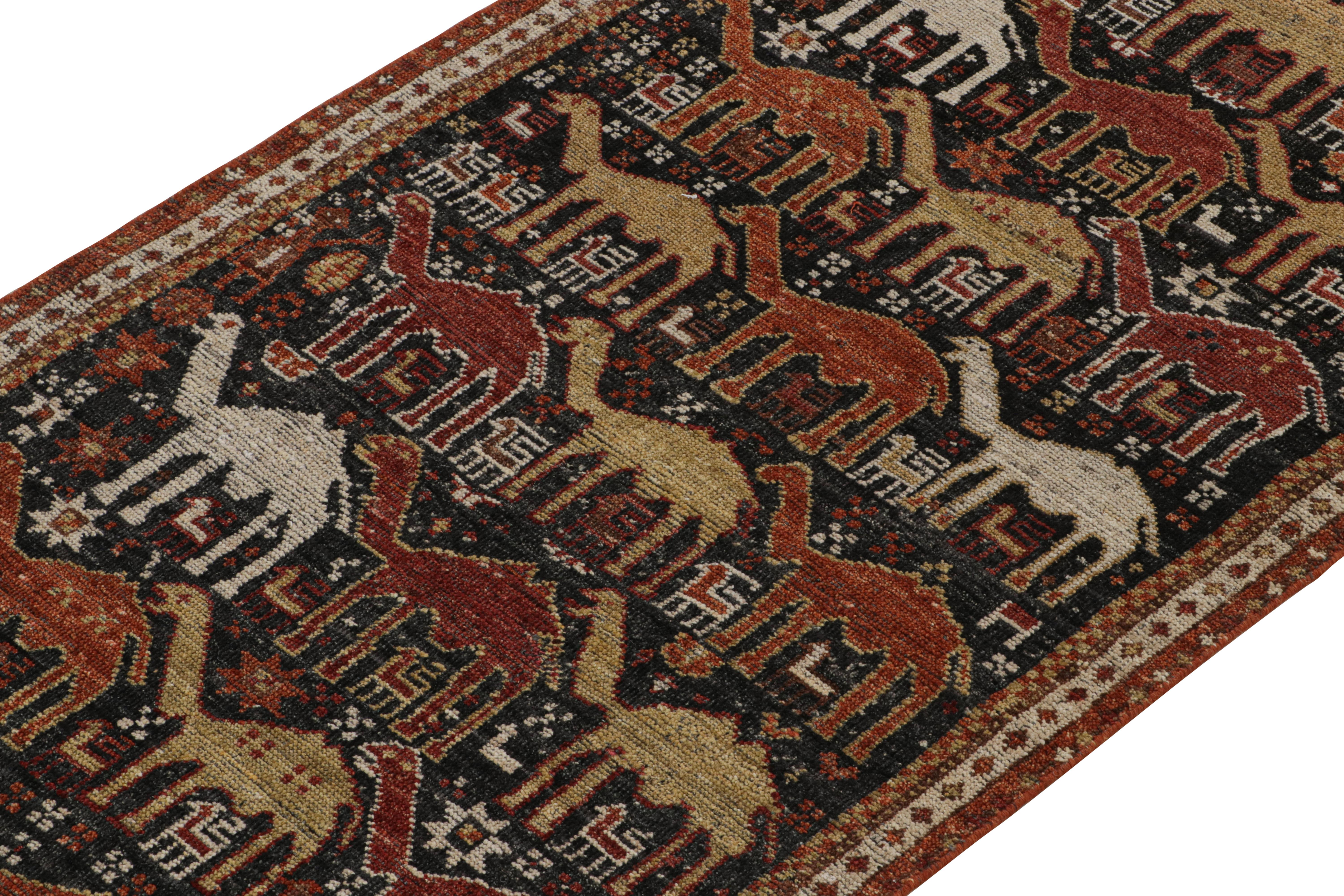 Hand-Knotted Rug & Kilim’s Tribal style runner in Black with Red, Gold-Brown Pictorials For Sale