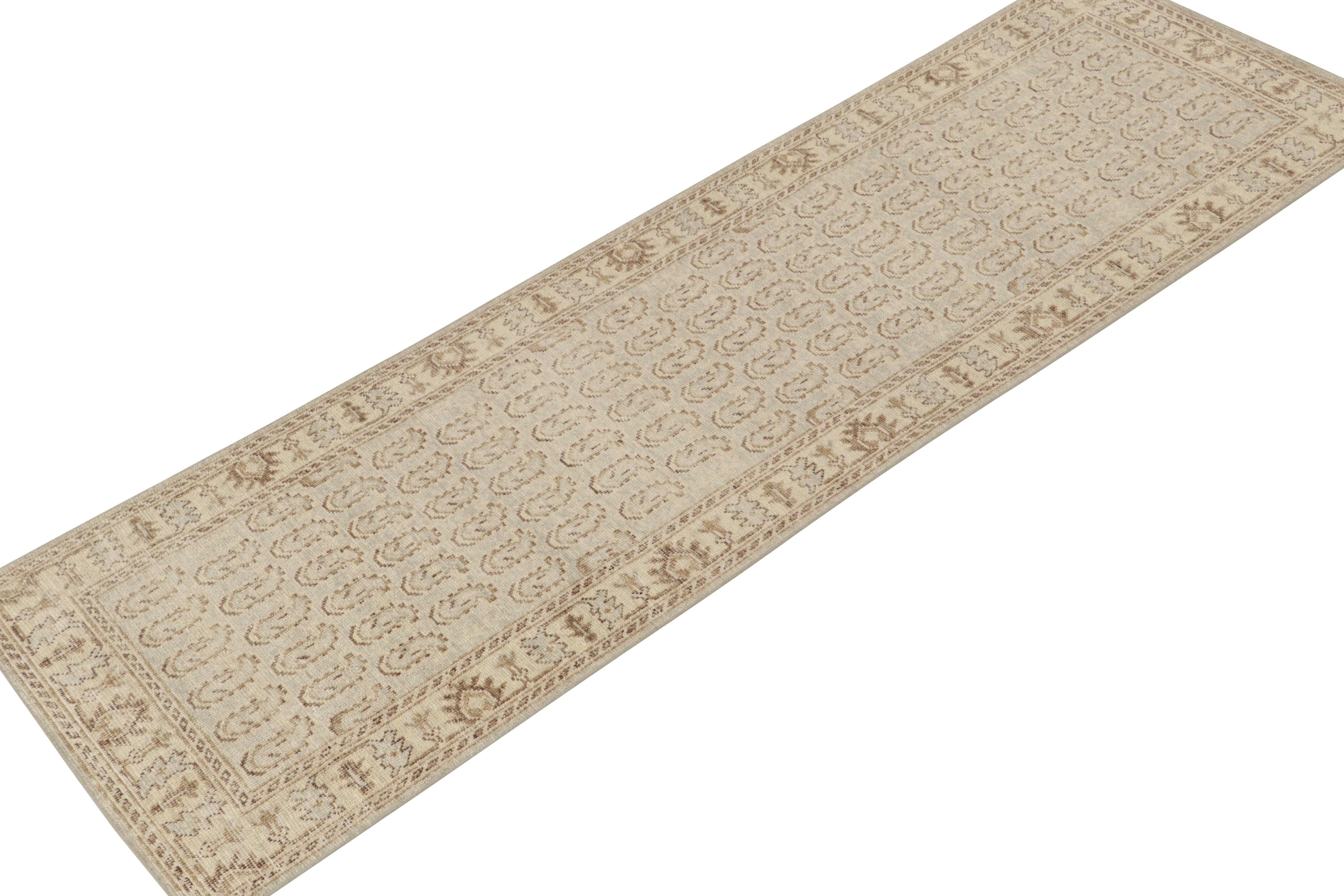 This contemporary 3x10 runner is a new addition to Rug & Kilim's Homage Collection. Hand-knotted in wool and cotton, it recaptures caucasian tribal patterns in soft colors and approachable demeanor.
Further on the Design:
This particular rug enjoys