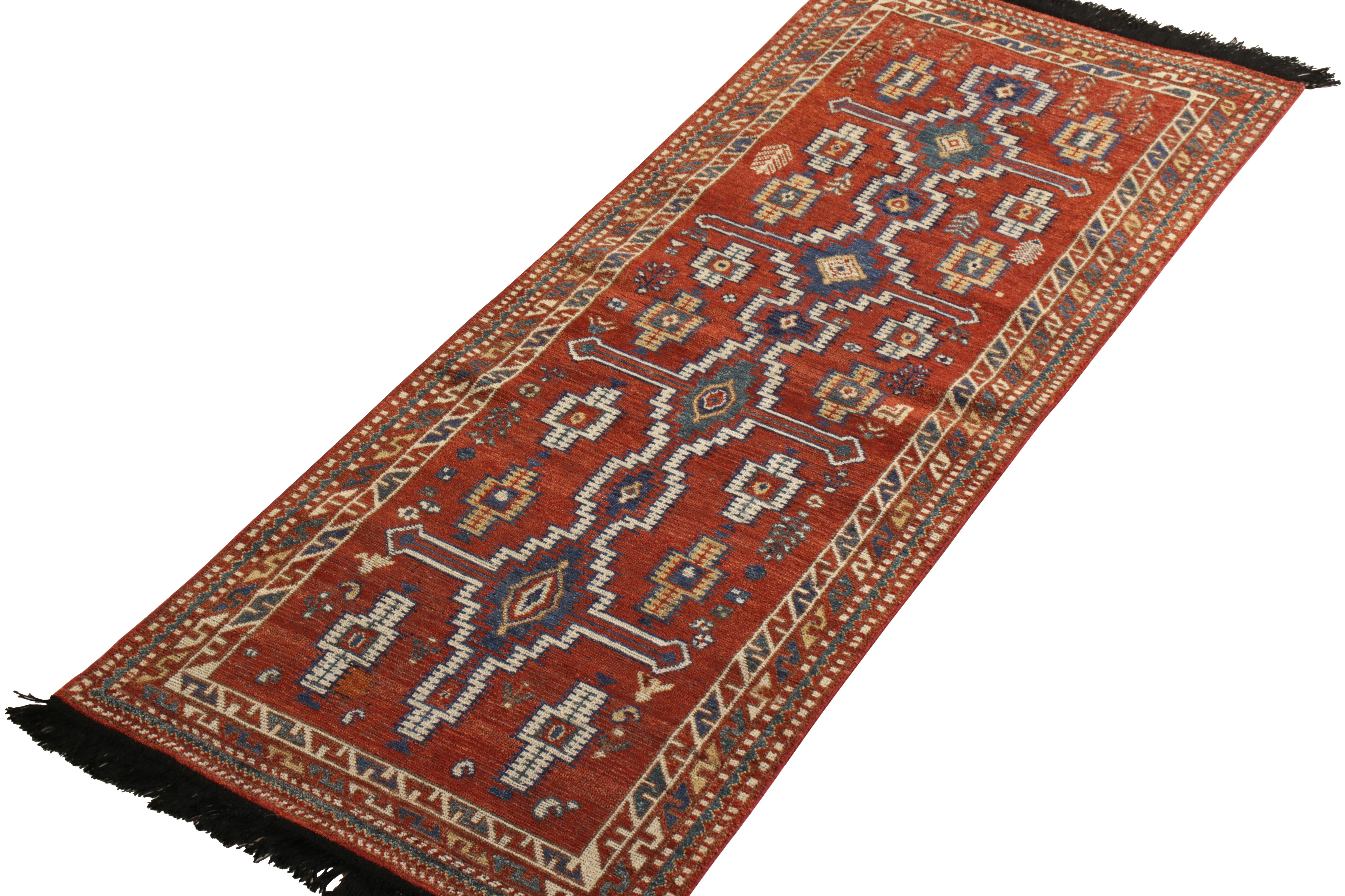 Indian Rug & Kilim’s Tribal Style Runner in Red and Blue Geometric Pattern For Sale