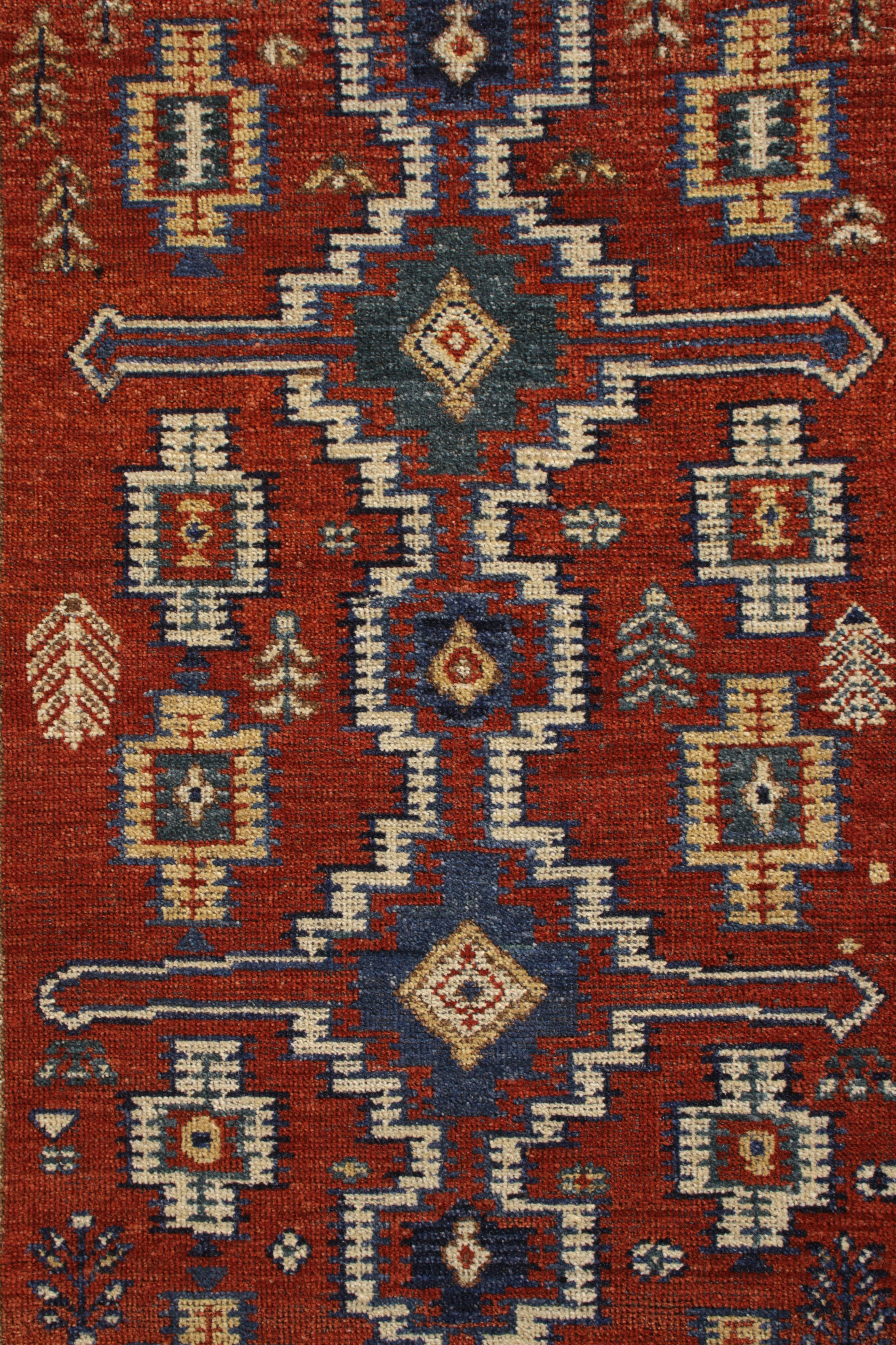 Hand-Knotted Rug & Kilim’s Tribal Style Runner in Red and Blue Geometric Pattern For Sale