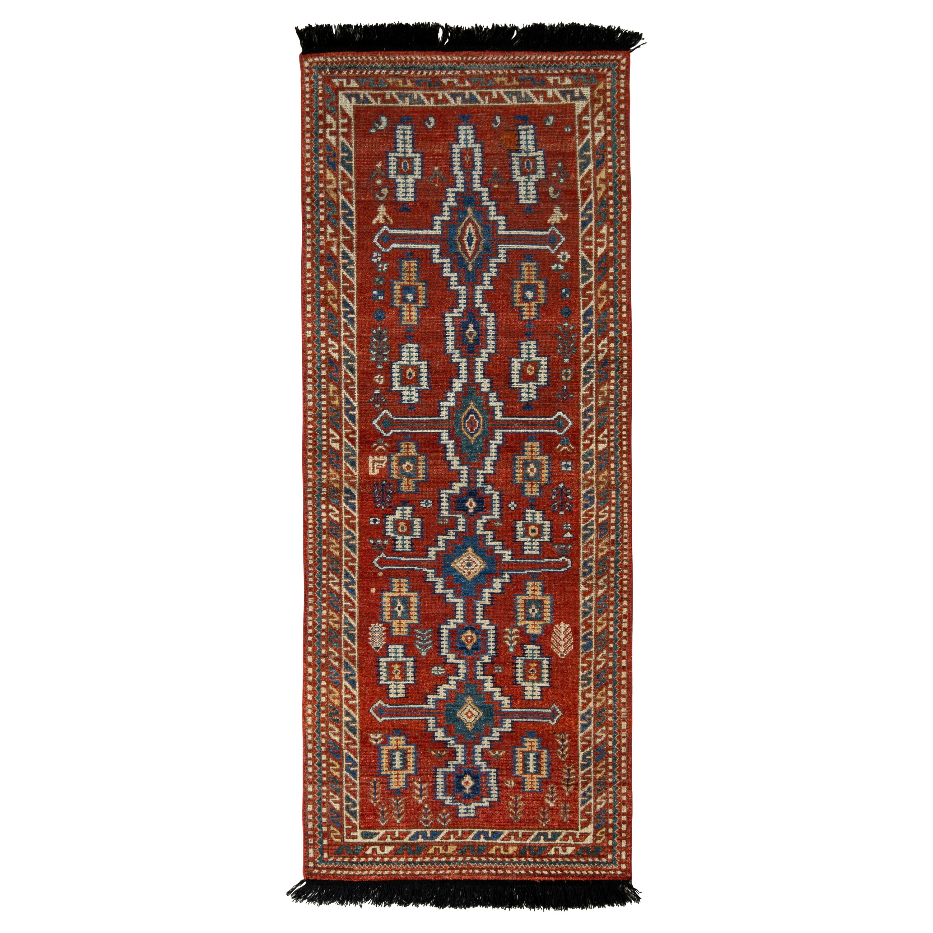 Rug & Kilim’s Tribal Style Runner in Red and Blue Geometric Pattern