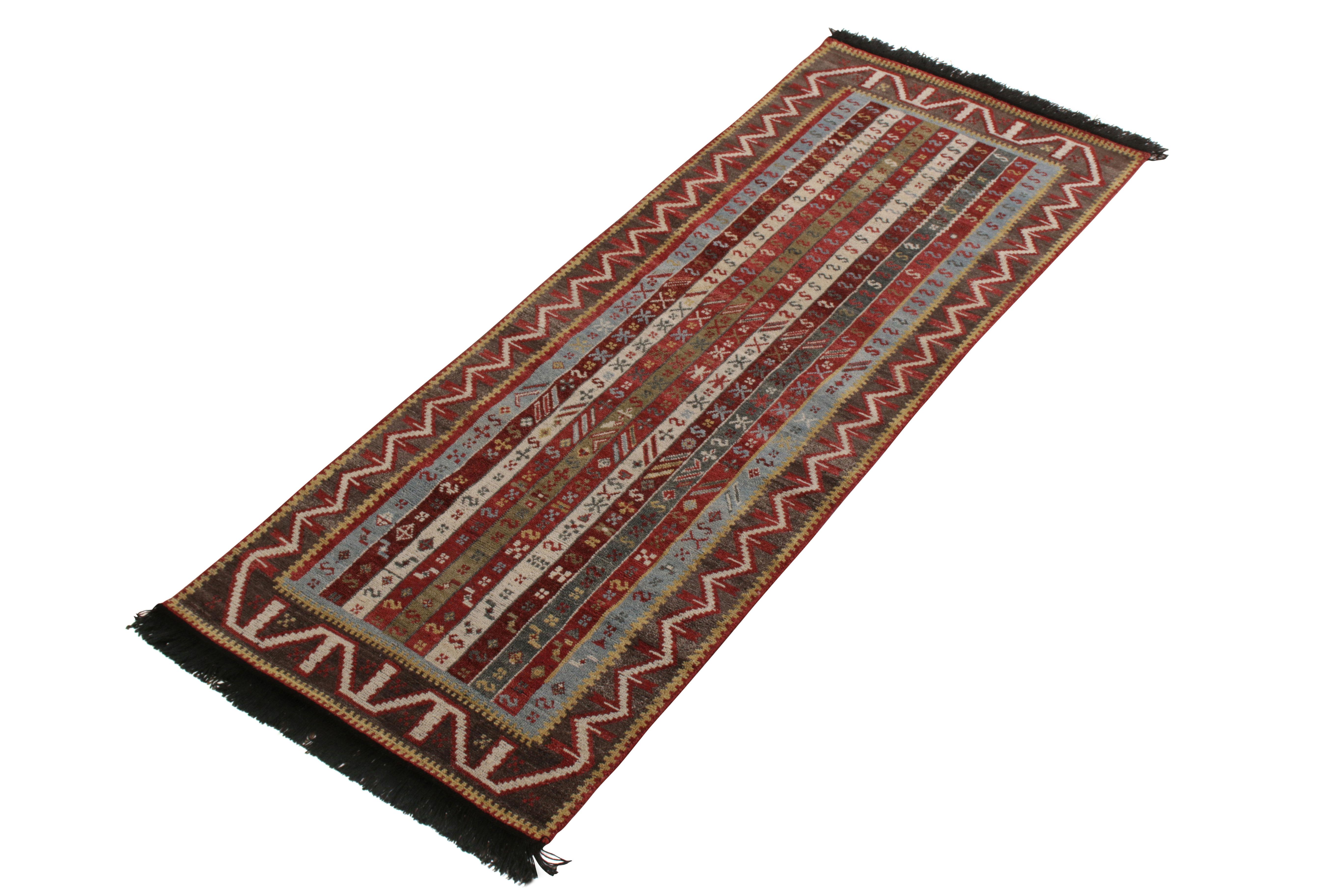 Indian Rug & Kilim’s Tribal Style Runner in Red and Blue Stripes and Geometric Patterns For Sale