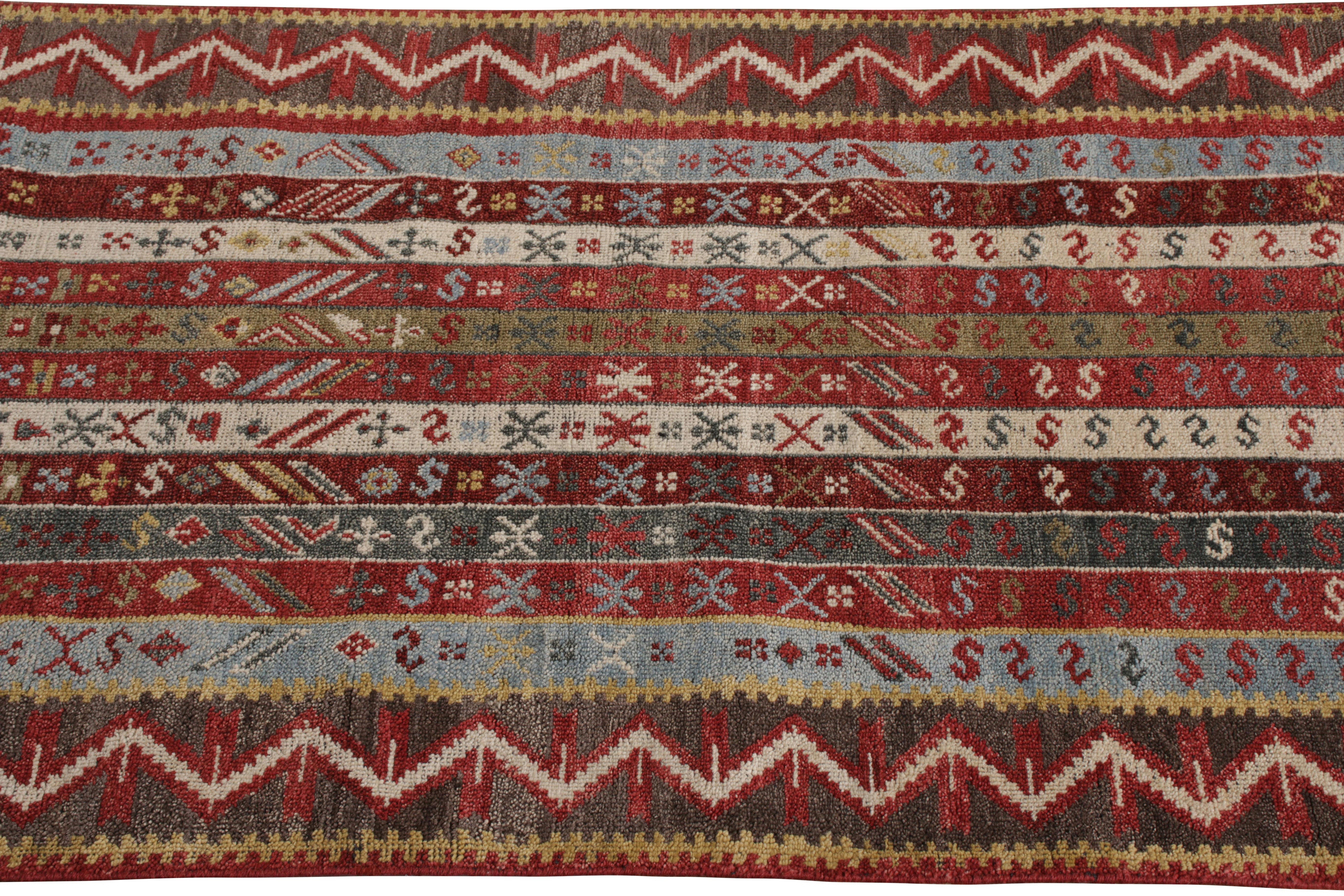 Hand-Knotted Rug & Kilim’s Tribal Style Runner in Red and Blue Stripes and Geometric Patterns For Sale