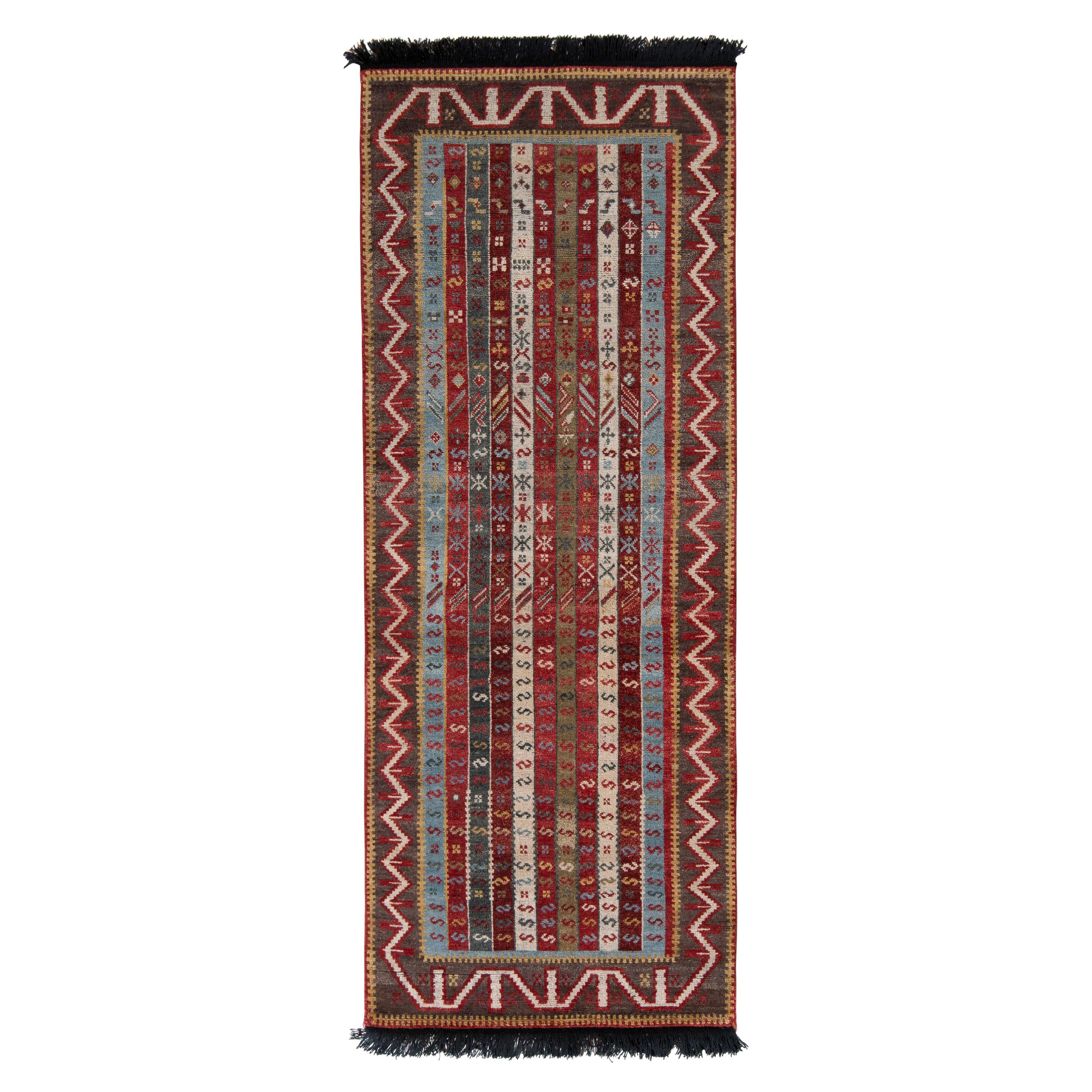 Rug & Kilim’s Tribal Style Runner in Red and Blue Stripes and Geometric Patterns For Sale