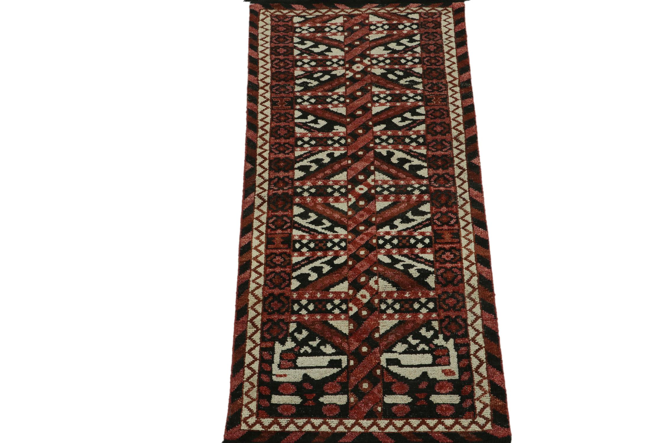 Indian Rug & Kilim’s Tribal style runner in red, black and white geometric pattern For Sale
