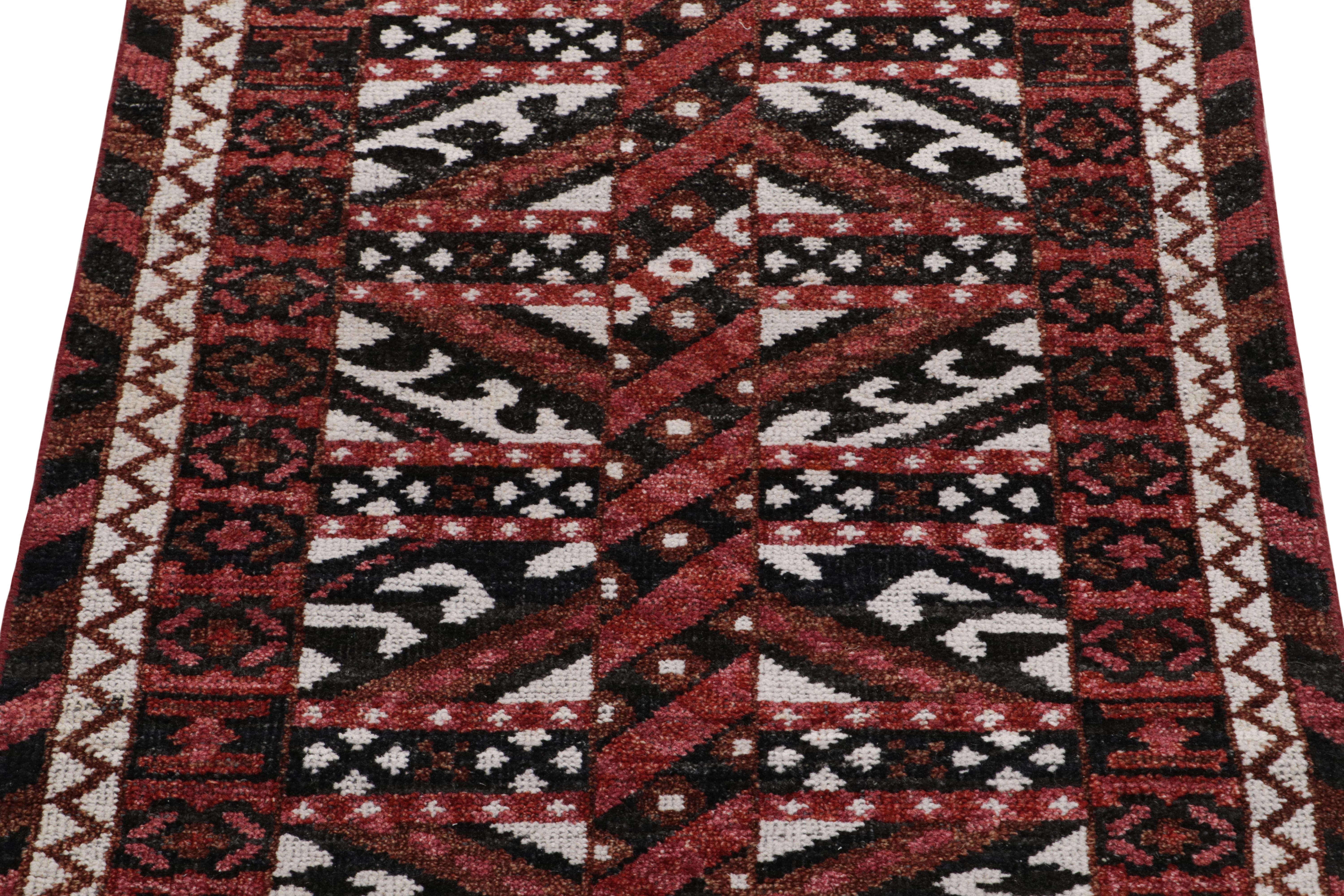 Hand-Knotted Rug & Kilim's Tribal Style Runner in Red, Black and White Geometric Pattern For Sale