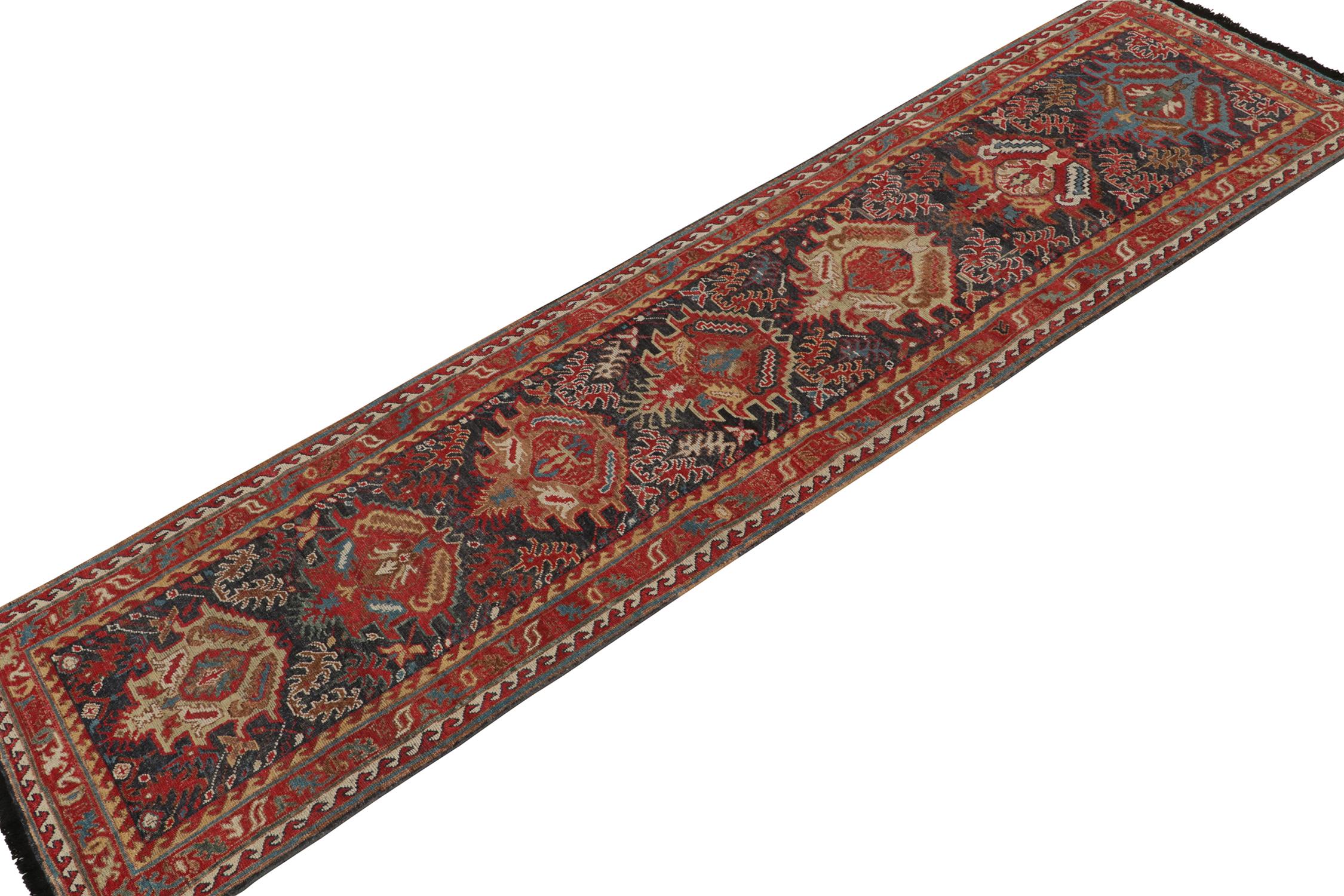 From our extensive Burano Collection, a 3x12 tribal style runner in a delicious contemporary quality. 

Nomadic geometric-floral patterns flourish in a vivid play of red, blue, and beige-brown of a classic, rich presence. Keen eyes may note subtle