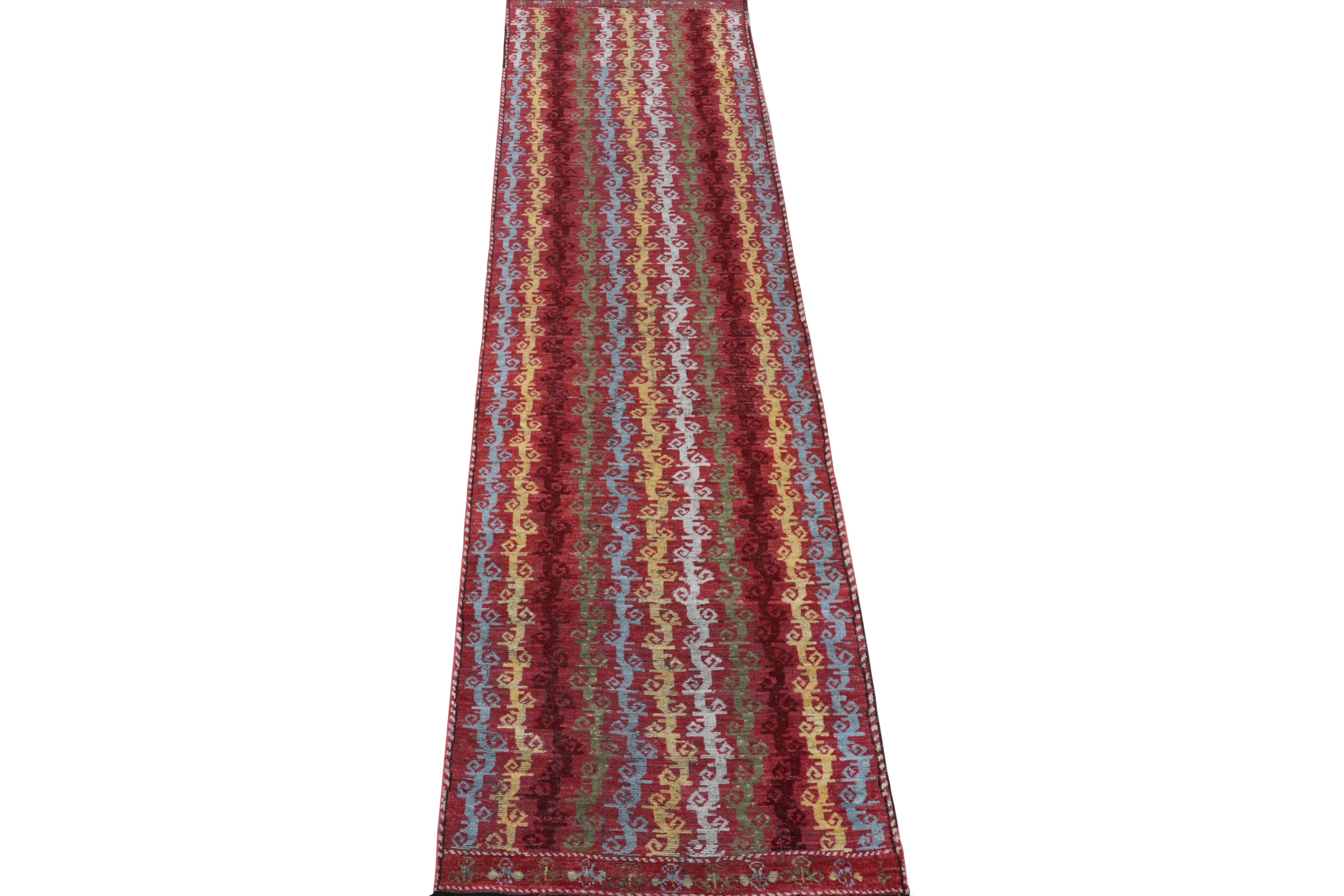 Indian Rug & Kilim’s Tribal Style runner in Red with Vibrant Stripes For Sale