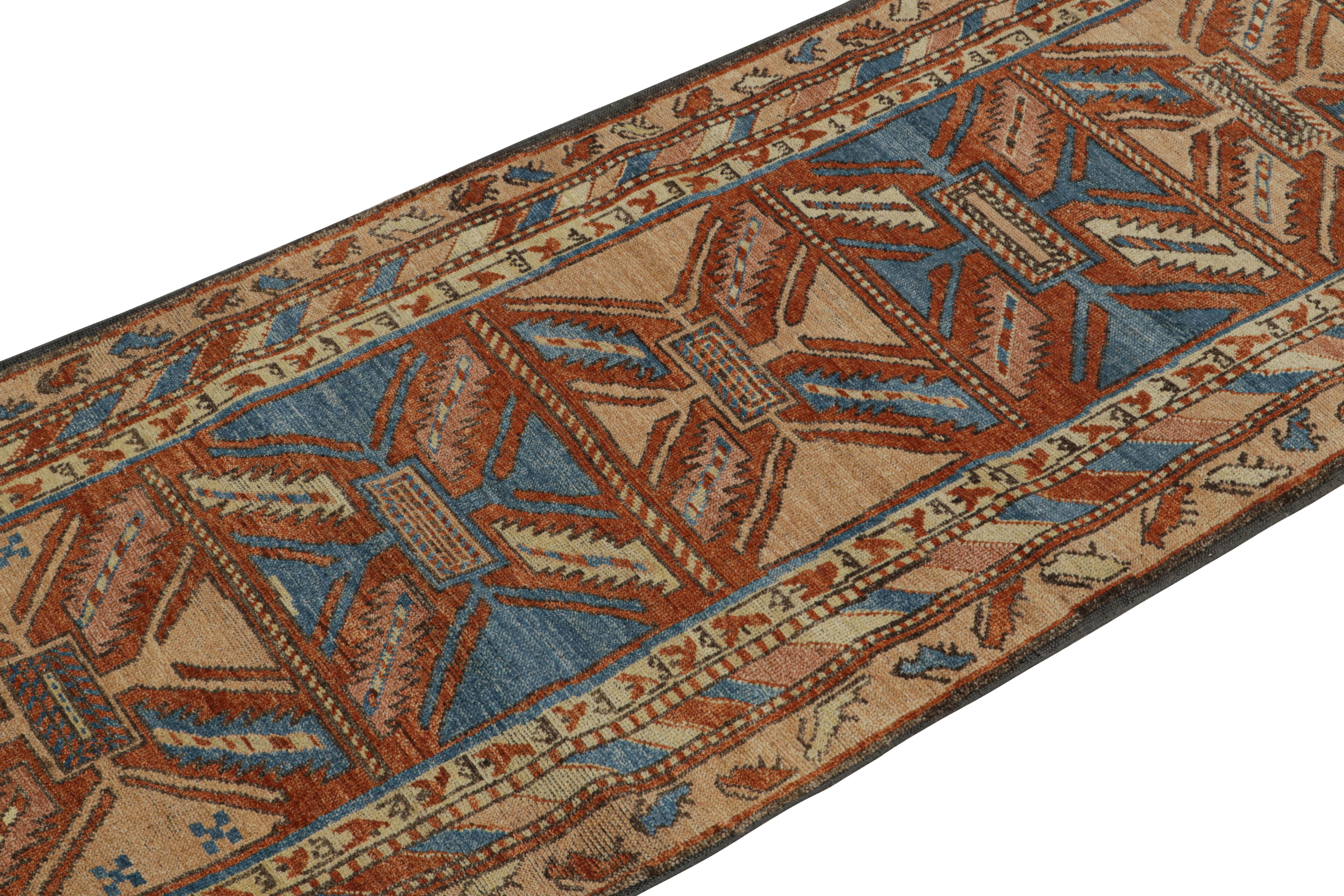 Hand-Knotted Rug & Kilim’s Tribal Style Runner Rug in Beige, Red and Blue Geometric Patterns For Sale